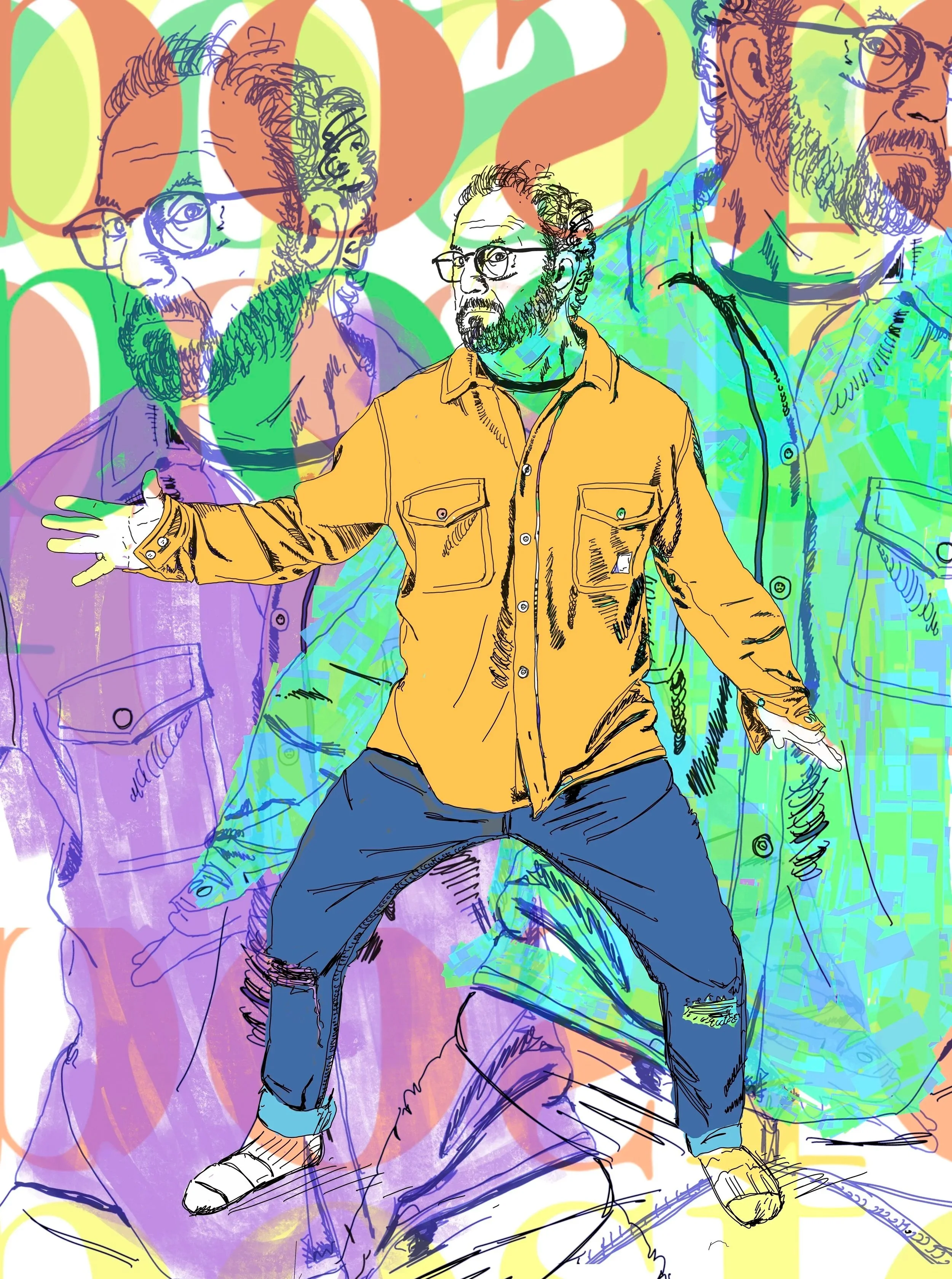 The image features a colorful, illustrated portrait of a man with glasses and a beard, wearing a tan jacket and dark jeans, striking a dynamic pose with arms outstretched and legs apart. The background includes overlapping sketches of the same man in different poses, with vibrant colors such as purple, orange, green, and yellow, creating a lively, abstract effect.