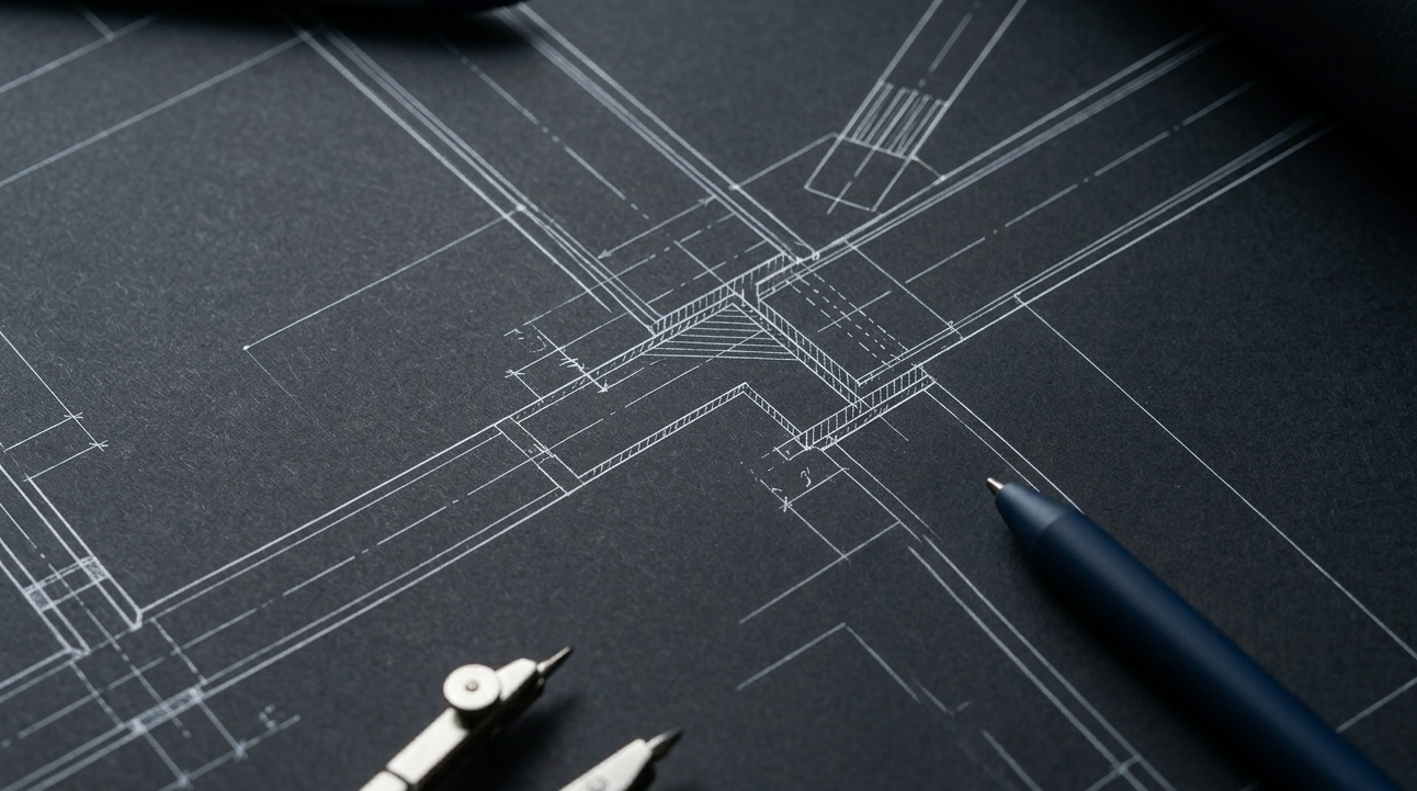 A close-up of a black blueprint with white architectural drawings, a black pen, and two white drafting tools on a dark surface.