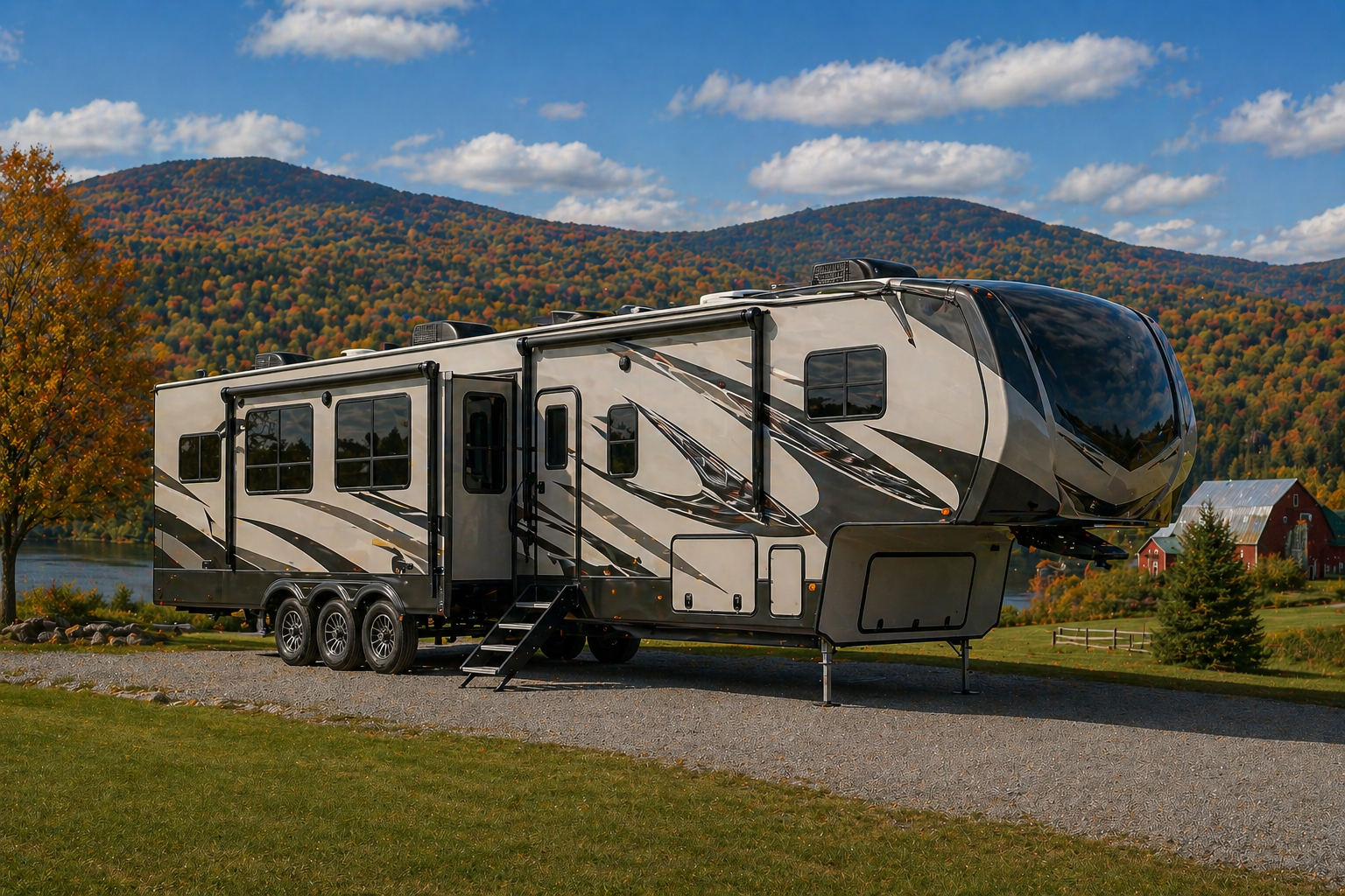 Fifth-wheel camper parked beside a road with mountains and fall foliage in the background.