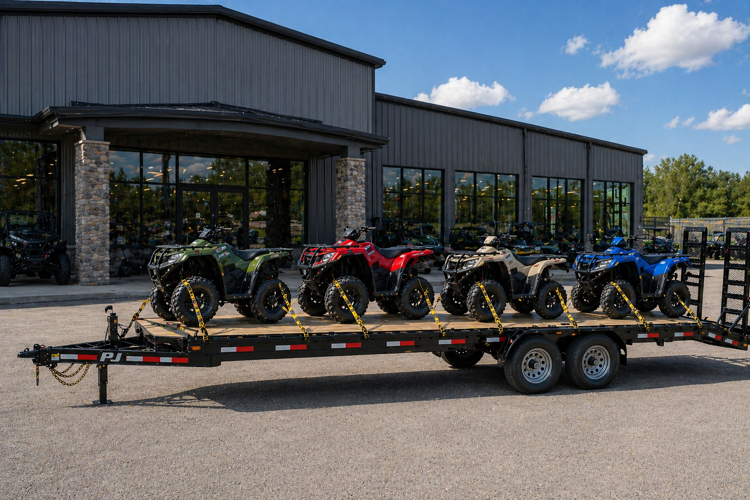 Four ATVs secured on an open flatbed trailer outside a building.