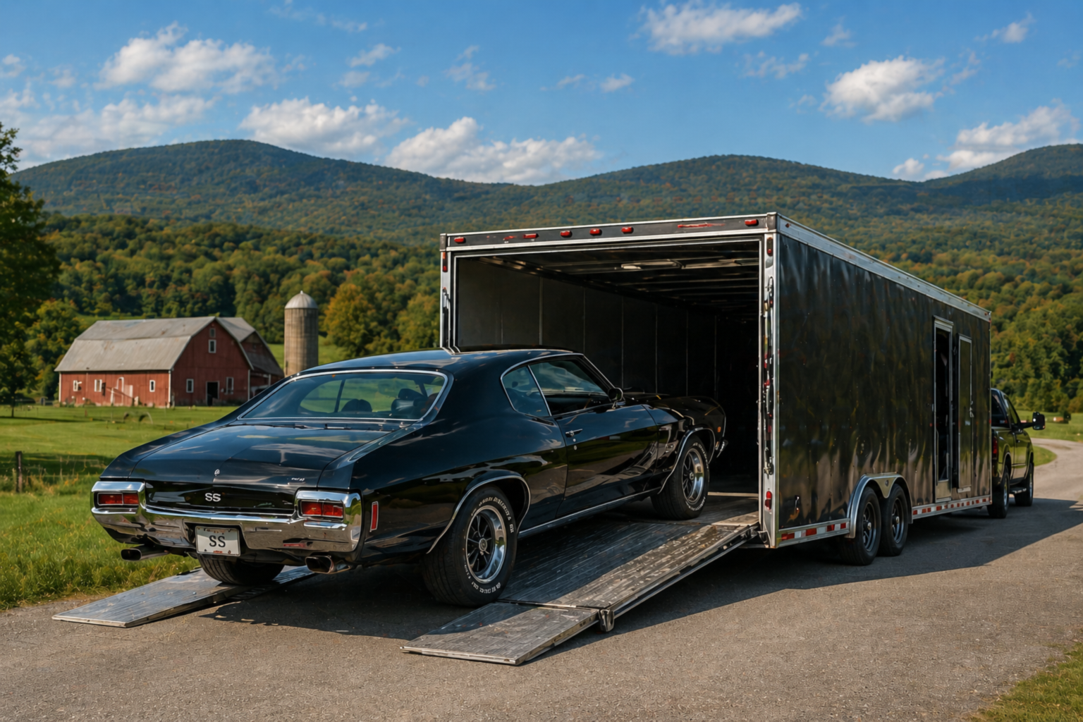 Classic muscle car on the loading ramp of an enclosed transport trailer.