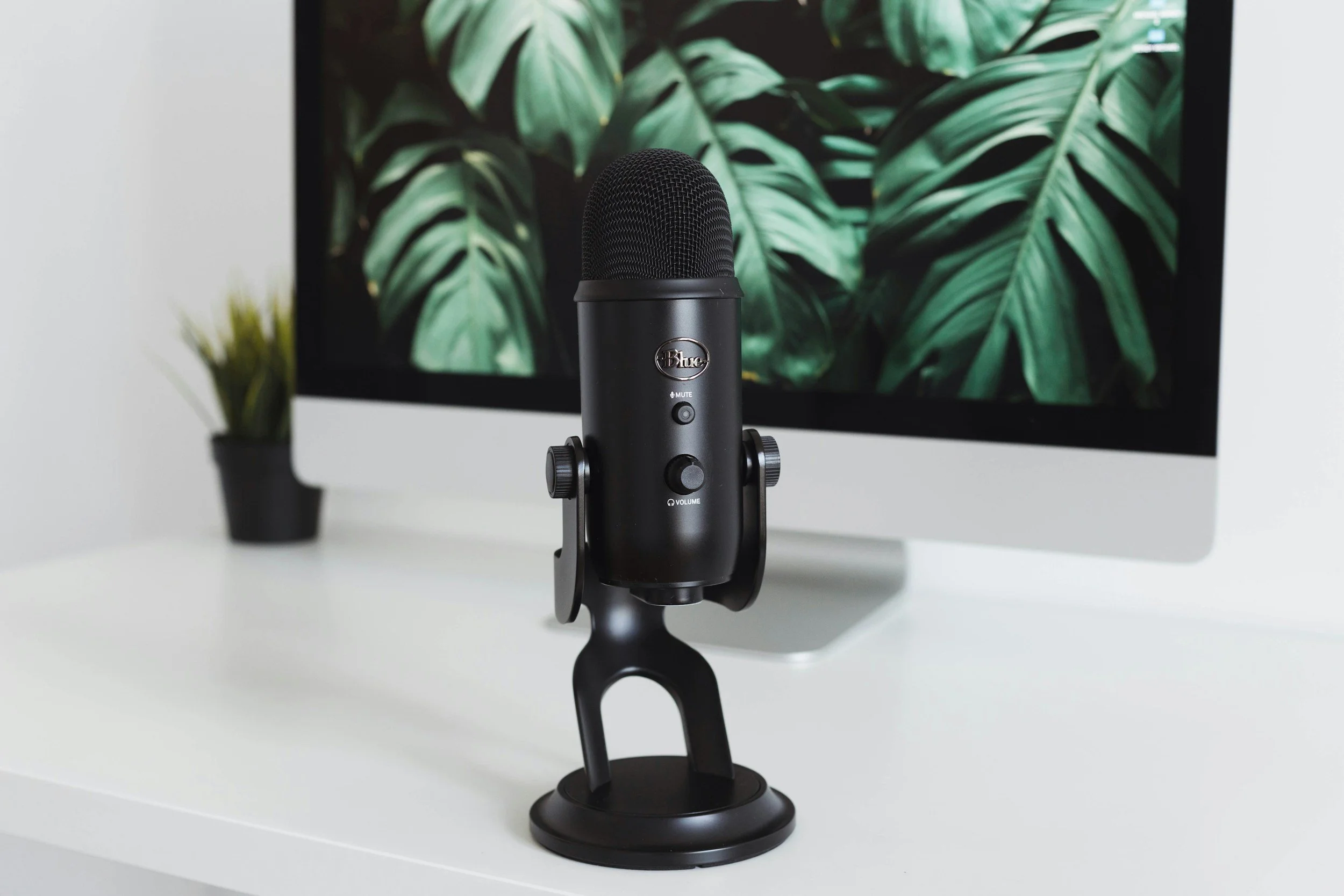 A black Blue Yeti microphone on a black stand, positioned in front of a computer monitor with a leafy green background. A small potted plant is visible to the left of the monitor.
