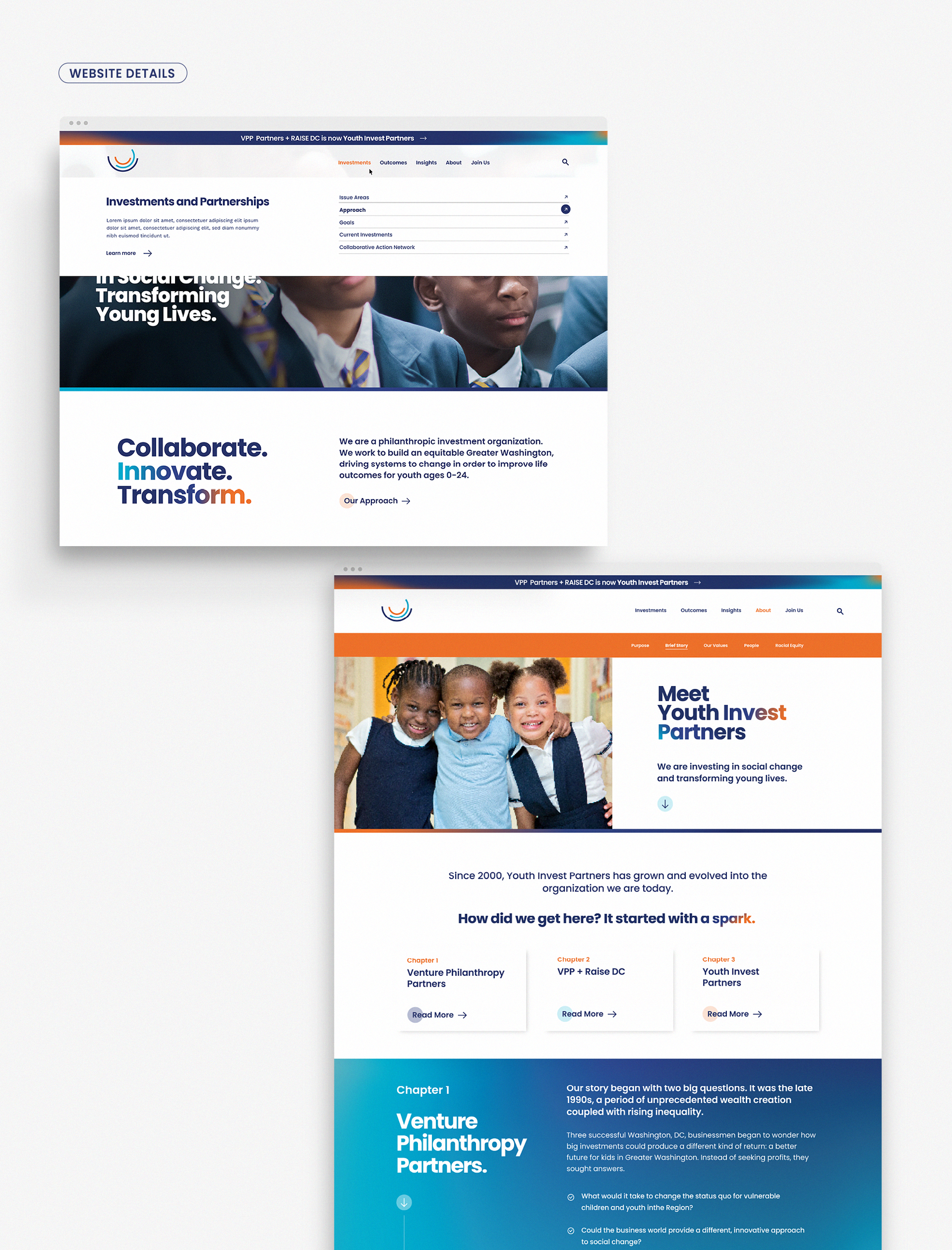Screenshots of a website for Youth Invest Partners, showing sections on investments, partnership approach, youth empowerment, organization history, and program chapters with images of young people and text.