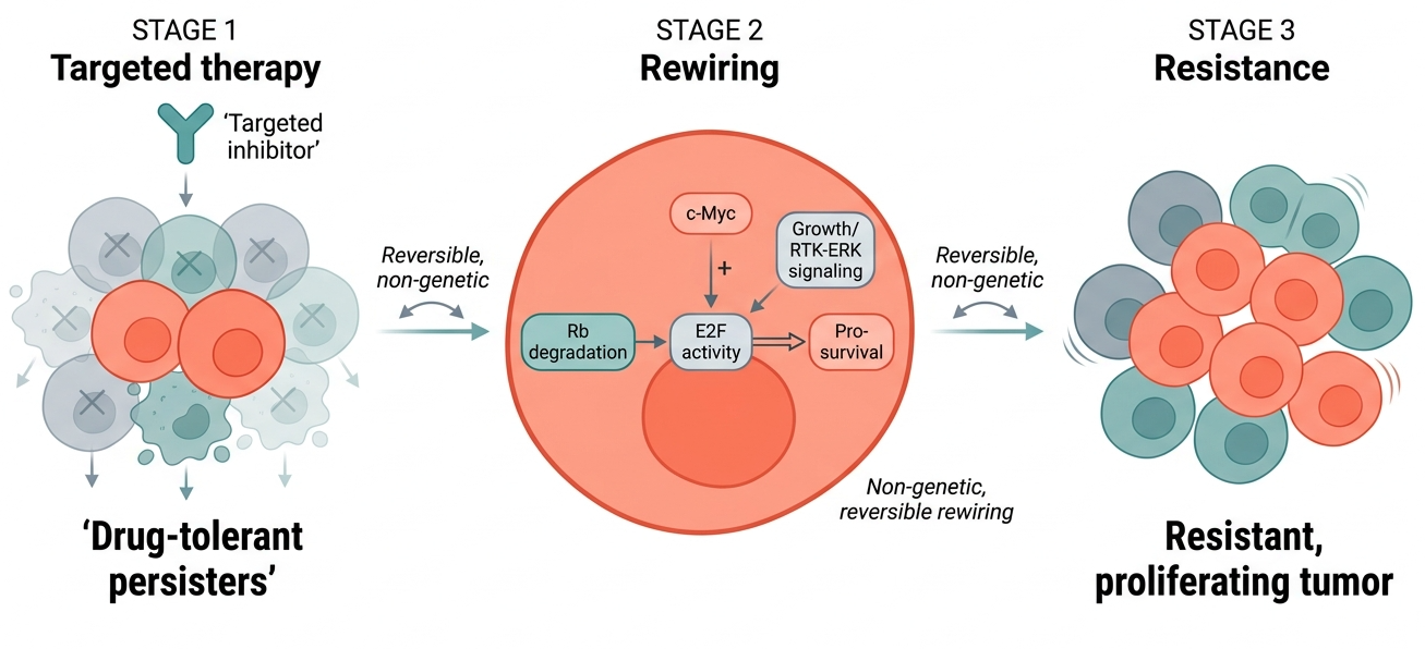 Diagram showing three stages of tumor resistance: Stage 1 labeled 'Targeted therapy' with a targeted inhibitor blocking cancer cell growth; Stage 2 labeled 'Rewiring' with molecular pathways and proteins illustrating cancer cell adaptation; and Stage 3 labeled 'Resistance' with resistant, proliferating tumor cells, indicating the development of drug resistance.