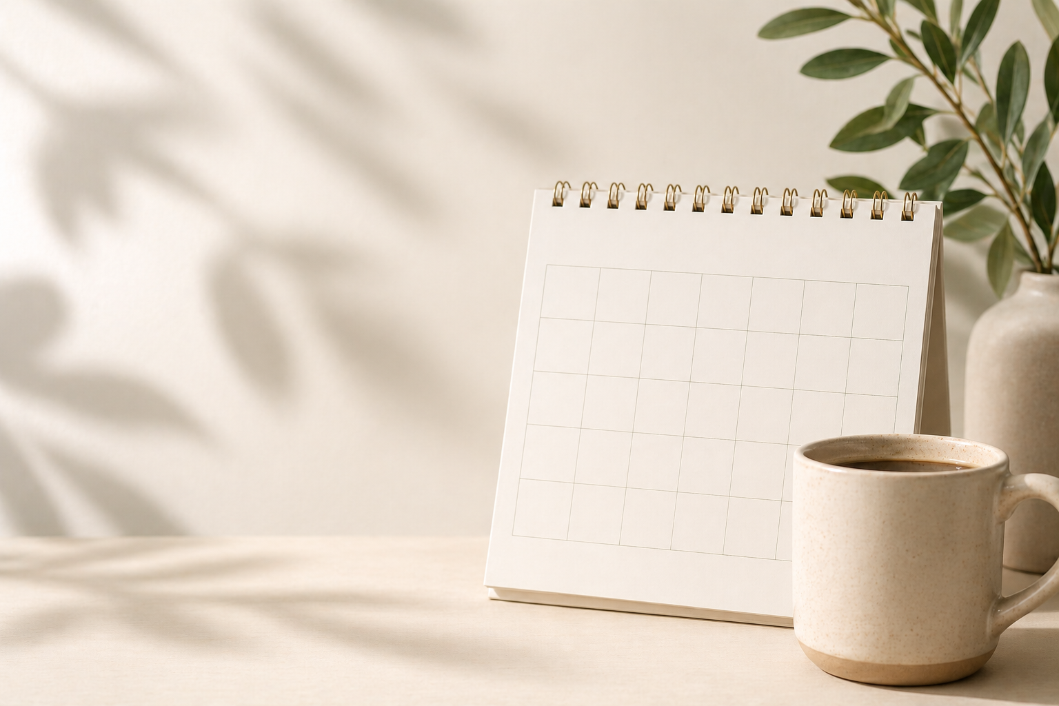 A desk with a white desk calendar, a coffee mug, and potted plant against a light background