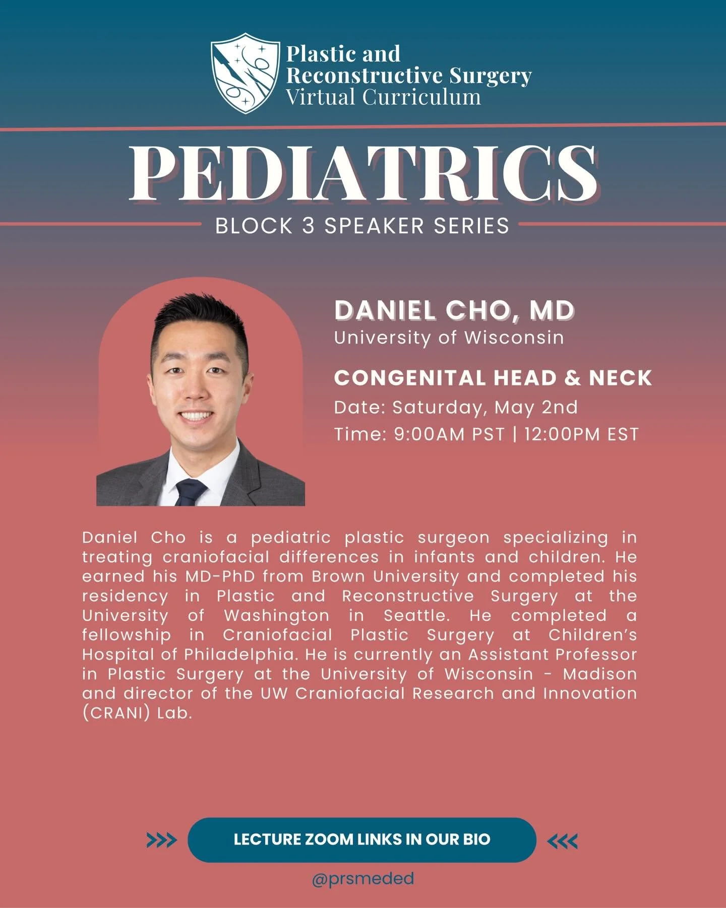 EDIT: No speaker this week!! 📢📣‼️ We&rsquo;ll be back next weekend ✌🏼

Finishing off our pediatrics block with Dr. Cho 🥳 let&rsquo;s learn about some congenital head &amp; neck diagnoses commonly seen in plastic surgery 🧐📚✨ Tune in NEXT Saturda