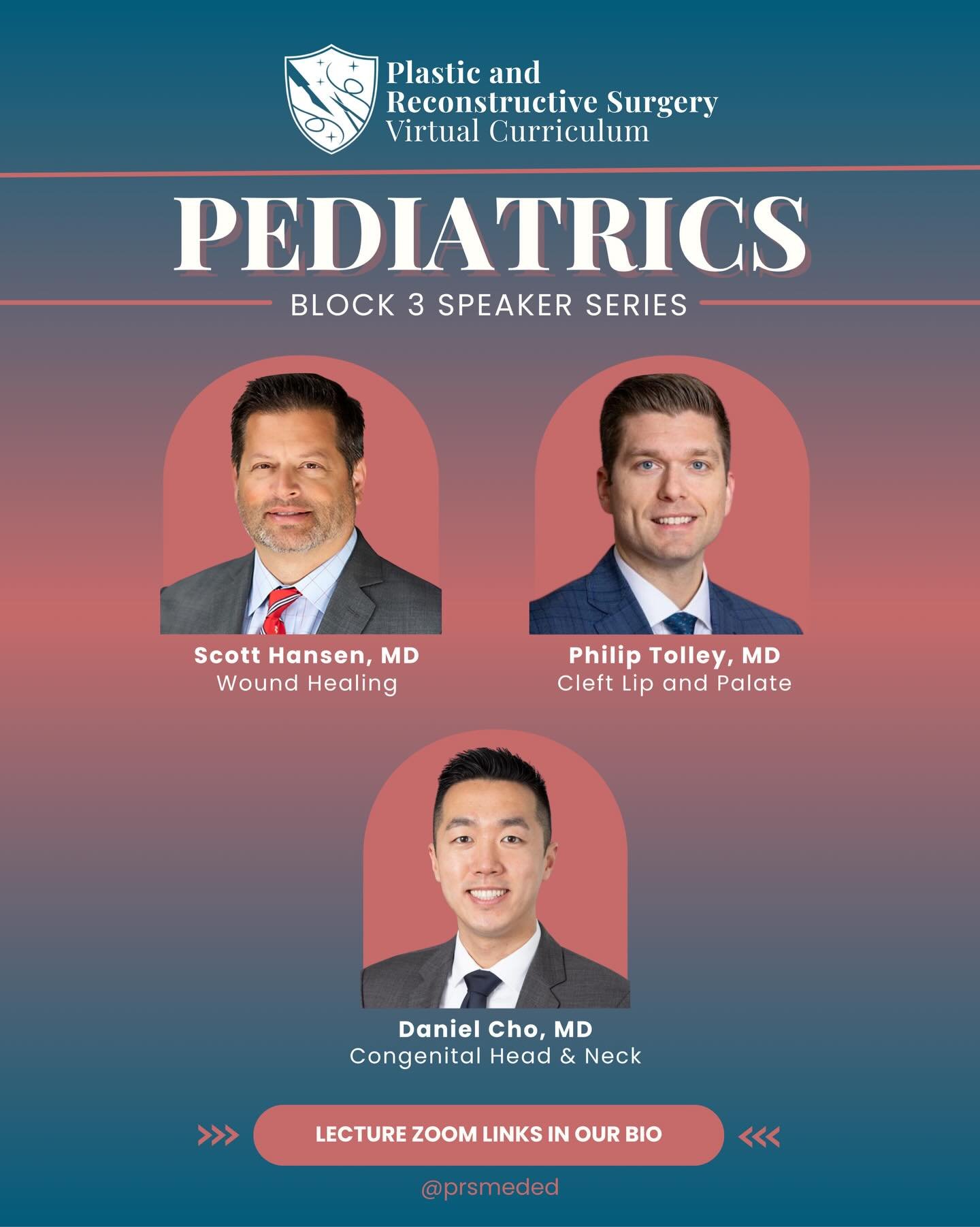 Our amazing Block 3 speakers 👨&zwj;🏫📚👶🏻
Dr. Scott Hansen - Wound Healing on 4/11 @ 9AM PST
Dr. Philip Tolley - Cleft Lip &amp; Palate on 4/18 @ 9AM PST
Dr. Daniel Cho - Congenital Head &amp; Neck on 5/2 @ 9AM PST

Can&rsquo;t believe we&rsquo;re