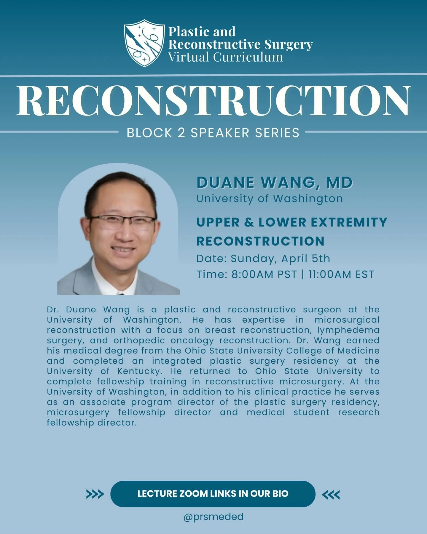 We&rsquo;re so excited to end our Reconstruction Block with Dr. Duane Wang&rsquo;s lecture on Upper &amp; Lower Extremity Reconstruction! 🤩 ‼️‼️ tune in on Sunday morning to learn more 💻👩🏻&zwj;💻