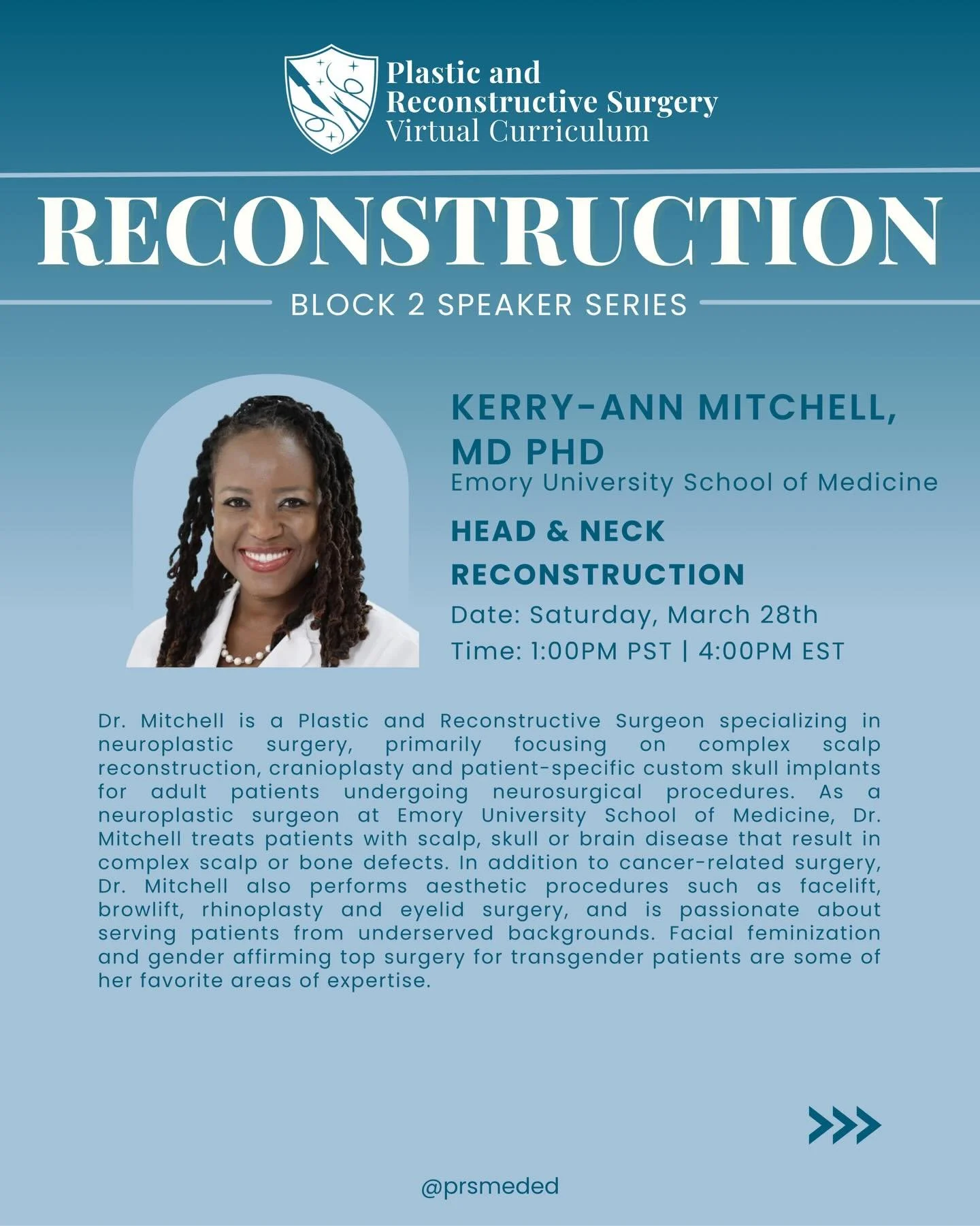 This Saturday, the amazing Dr. Mitchell will be teaching our students the basics of head &amp; neck reconstruction! 💀🩺 Tune in at 1PM EST to learn more 🤩