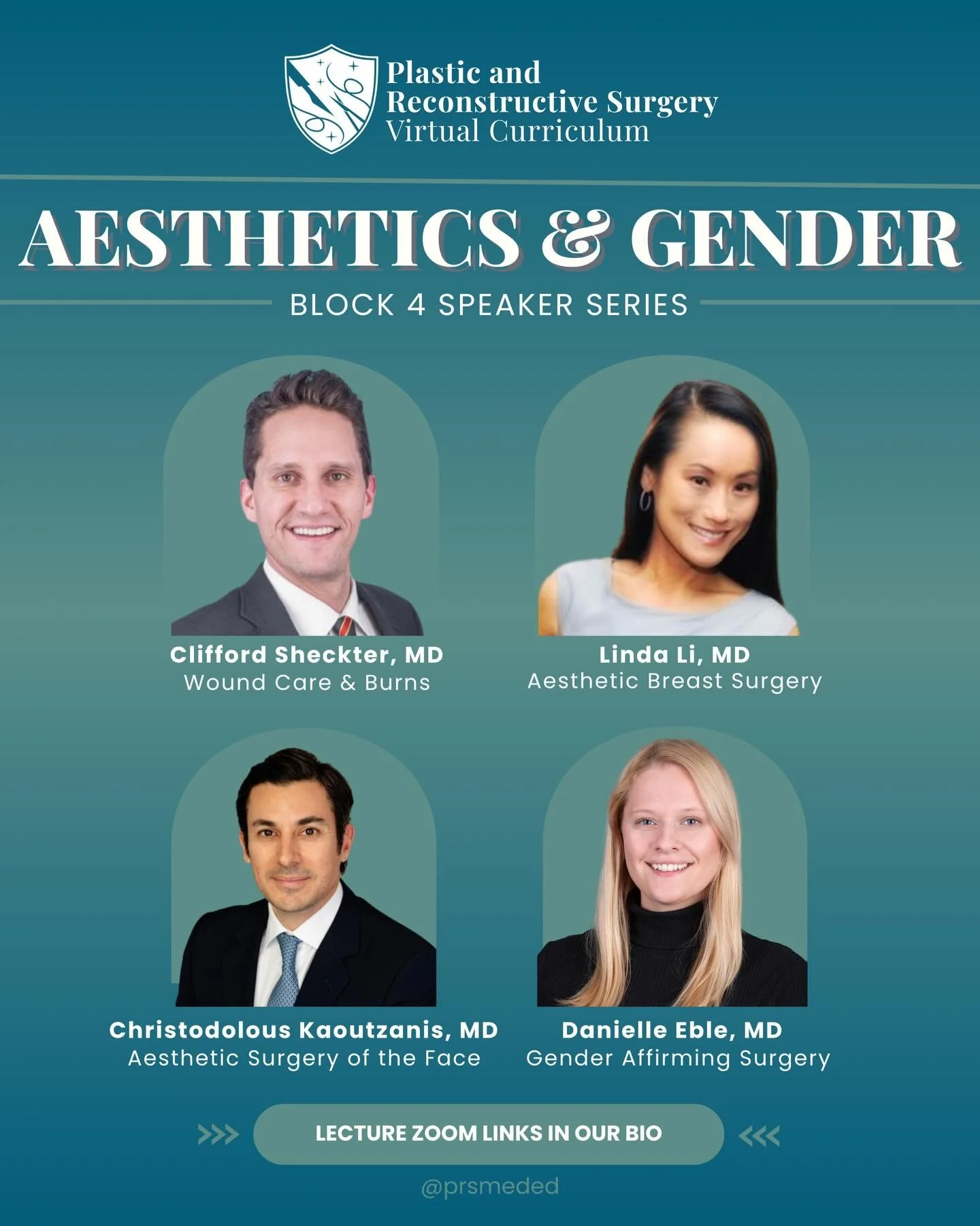 REPOST! The fourth and final block is finally here 🤯 Time flies! 

Tune in this month to our amazing lecturers, who will be discussing the basics of Aesthetic &amp; Gender Surgery! 💉🪡
Dr. Clifford Sheckter - Wound Care &amp; Burns (5/8 @ 2PM PST)

