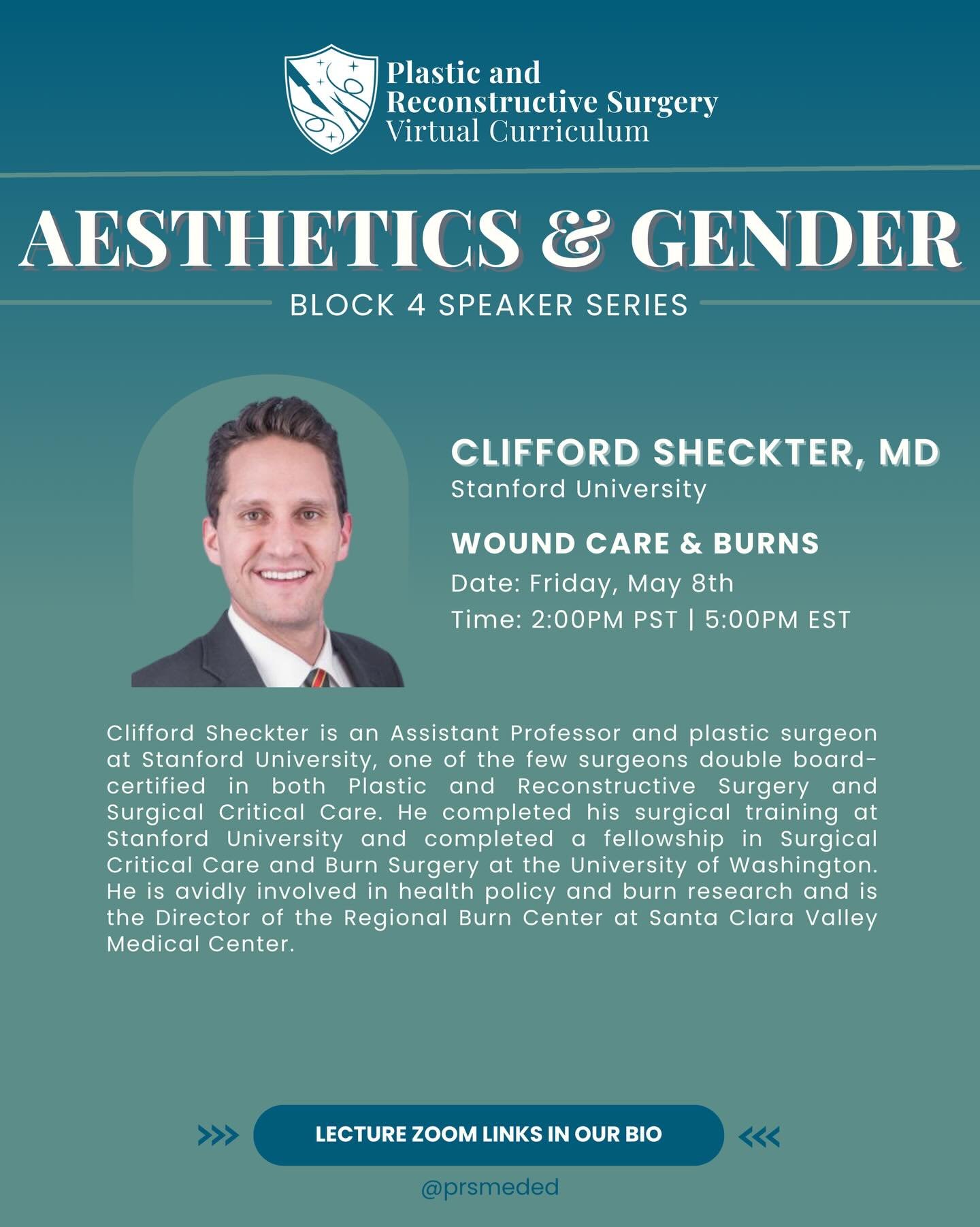 Dr. Clifford Sheckter will be starting off our final block with the basics of Wound Care &amp; Burns 🔥 Tune in this Friday afternoon using the Zoom link in our bio! 🤩