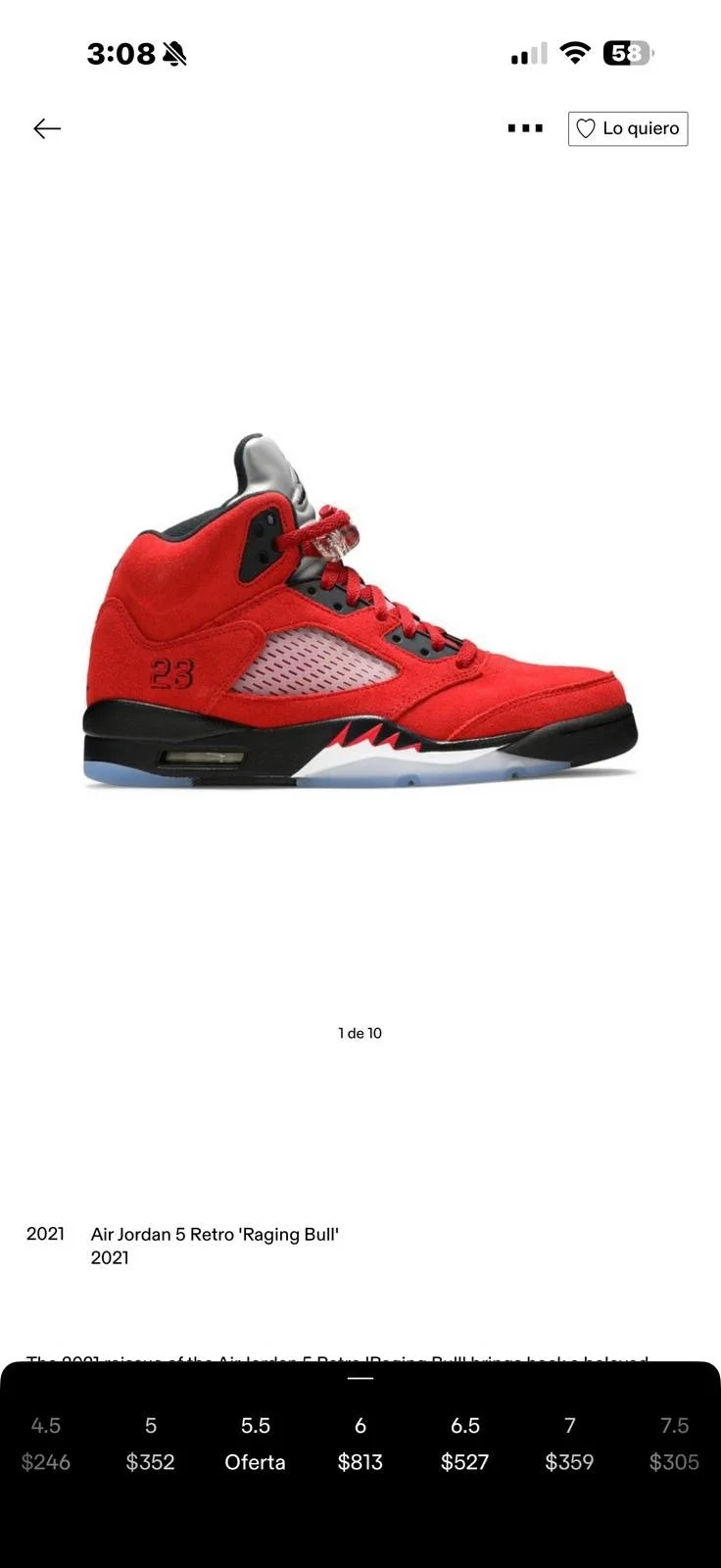 Air Jordan 5 Retro Raging  Bull (SZ 10)