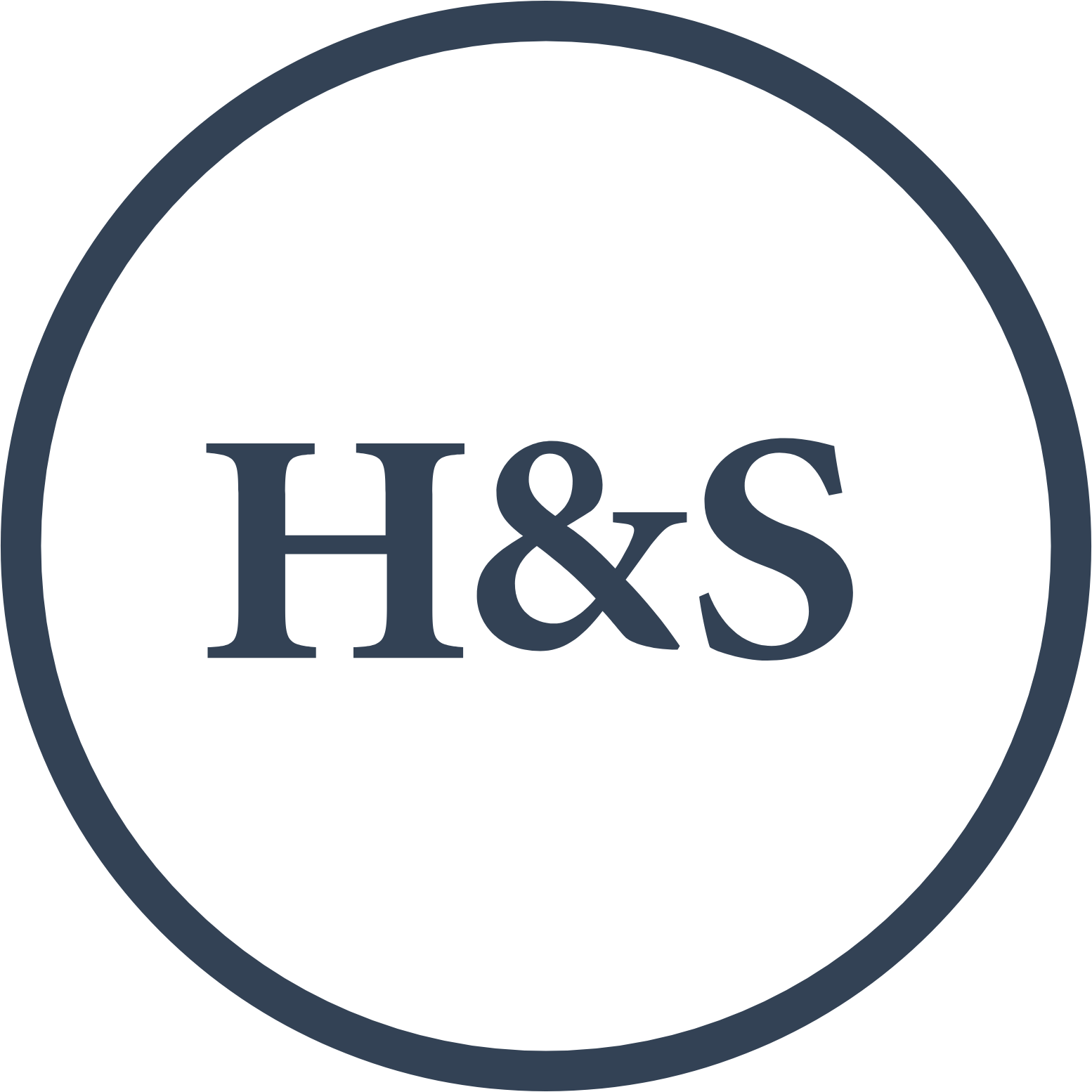 A dark gray circle with a slimmer dark blue border. Inside the circle, the white text reads "H & S" in a serif font.