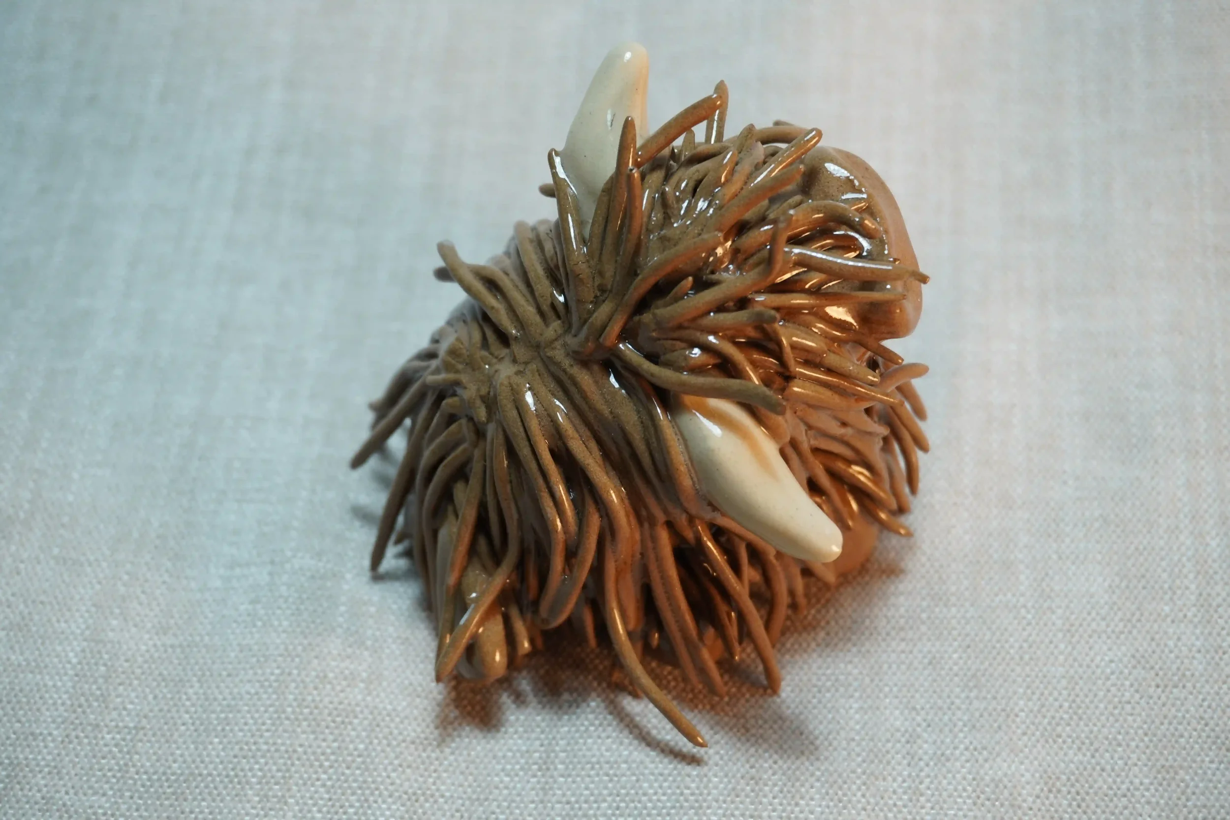 Quarter rear view of a handmade pottery ceramic sculpture of a Highland Cow ornament with milk chocolate-coloured hair and beige horns.
