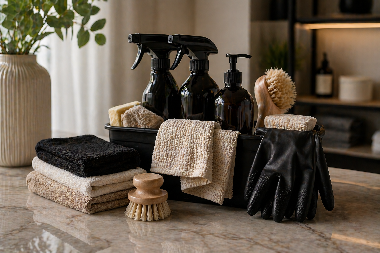 Bathroom cleaning supplies including spray bottles, sponges, towels, a brush, rubber gloves, and a decorative plant.