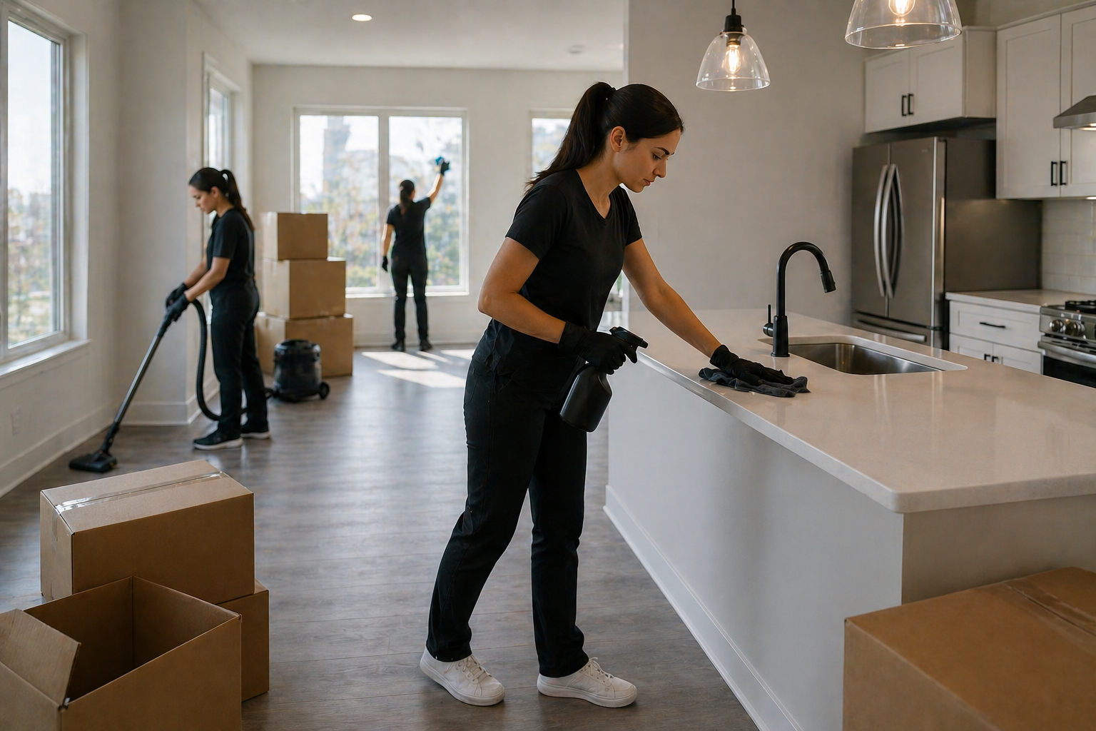 Women cleaning and moving boxes in a modern kitchen and living room area.