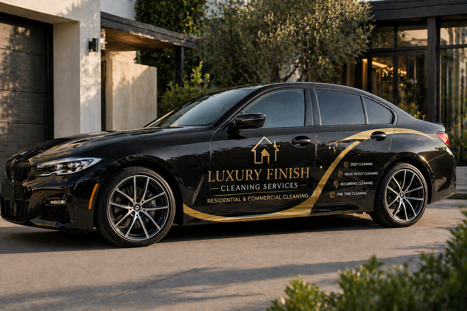 A black car with branding for Luxury Finish Cleaning Services parked outside a modern house.