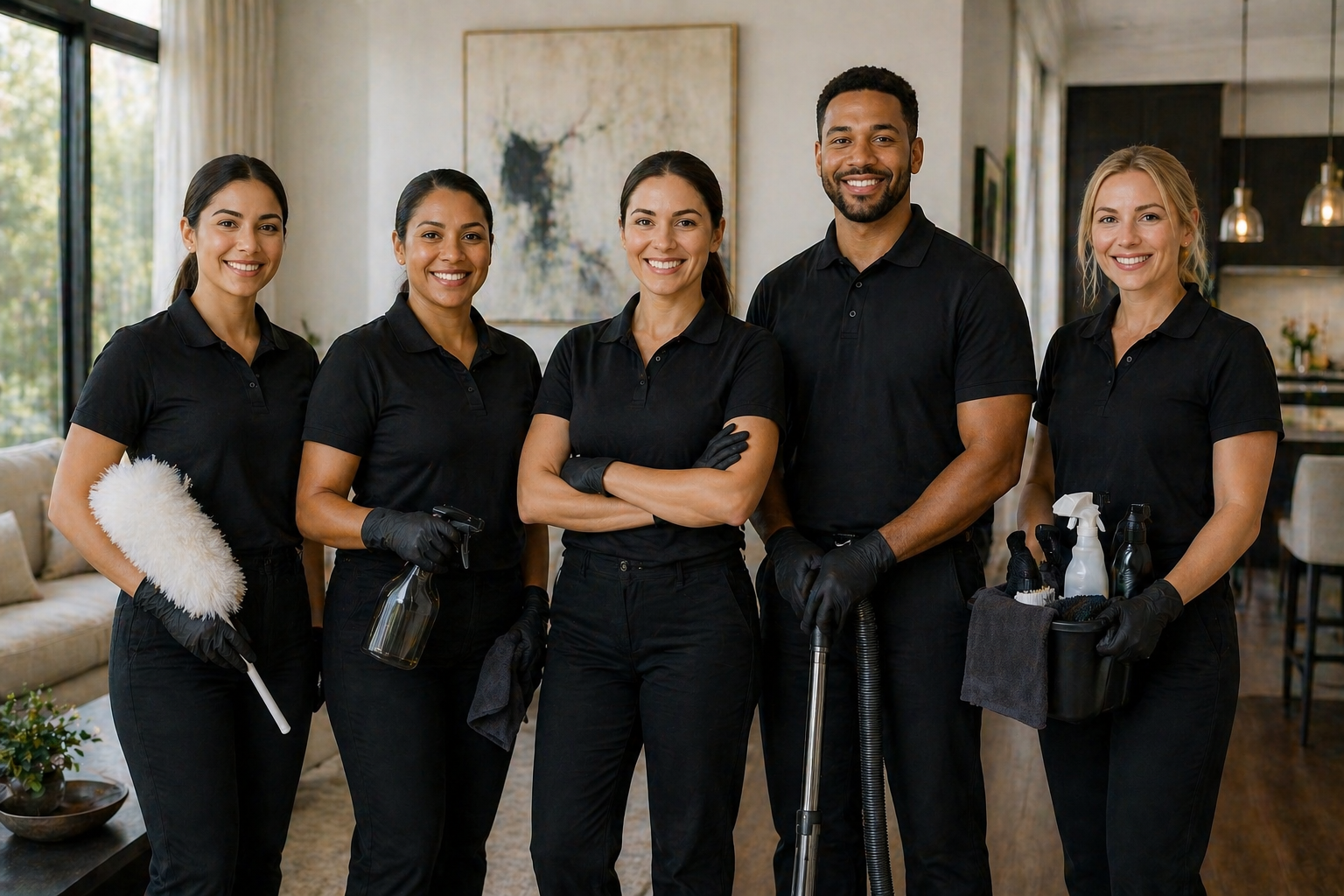 Group of five professional house cleaners standing in a modern living room, smiling, dressed in black uniforms with cleaning tools and supplies.