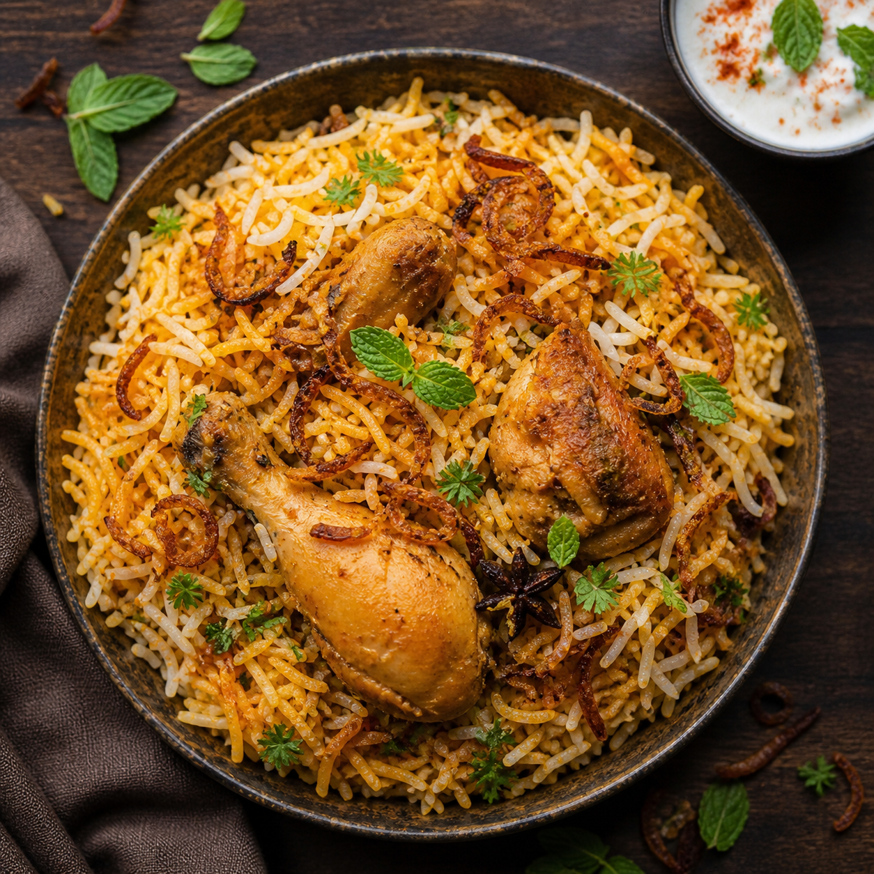 A bowl of biryani rice with chicken drumsticks, garnished with fried onions, fresh herbs, and star anise, served on a dark wooden surface with a side of creamy yogurt.