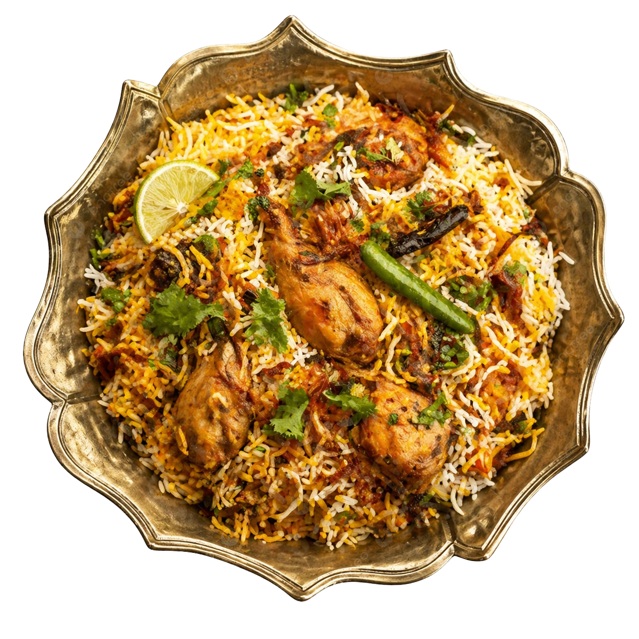 A decorative metal bowl filled with colorful Indian biryani rice, garnished with cilantro, a lime wedge, a green chili, and pieces of chicken.