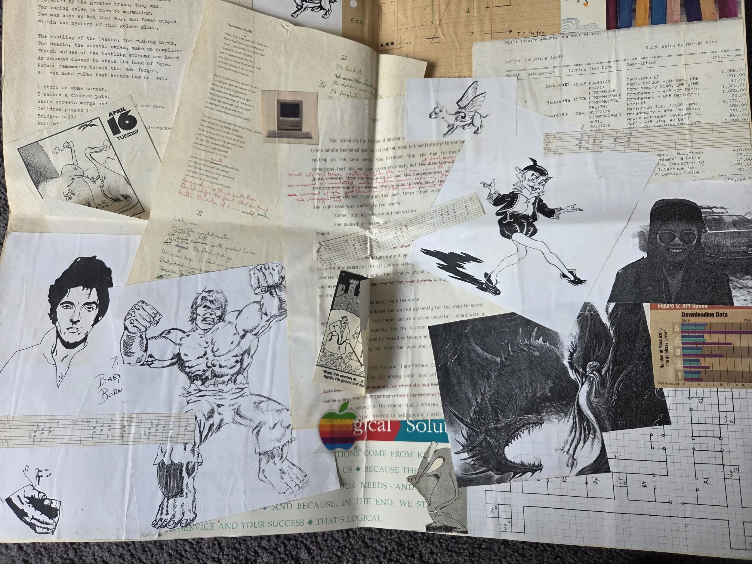 A collage of various black and white sketches, notes, and documents. The sketches include a woman, a muscular man, a dragon, a person with sunglasses, and a  mythical creature with wings. There are handwritten notes in red ink, printed text, handwritten handwritten notes, and receipts. The papers are scattered on a table or desk.