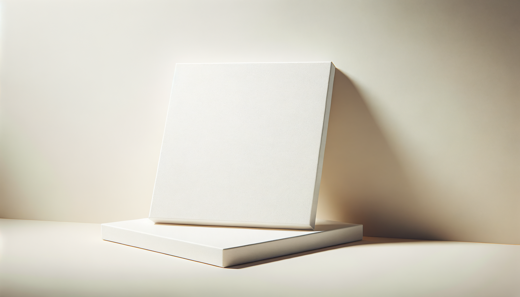 A white blank canvas or panel leaning against a wall, placed on a white platform, with soft shadows on a neutral background.