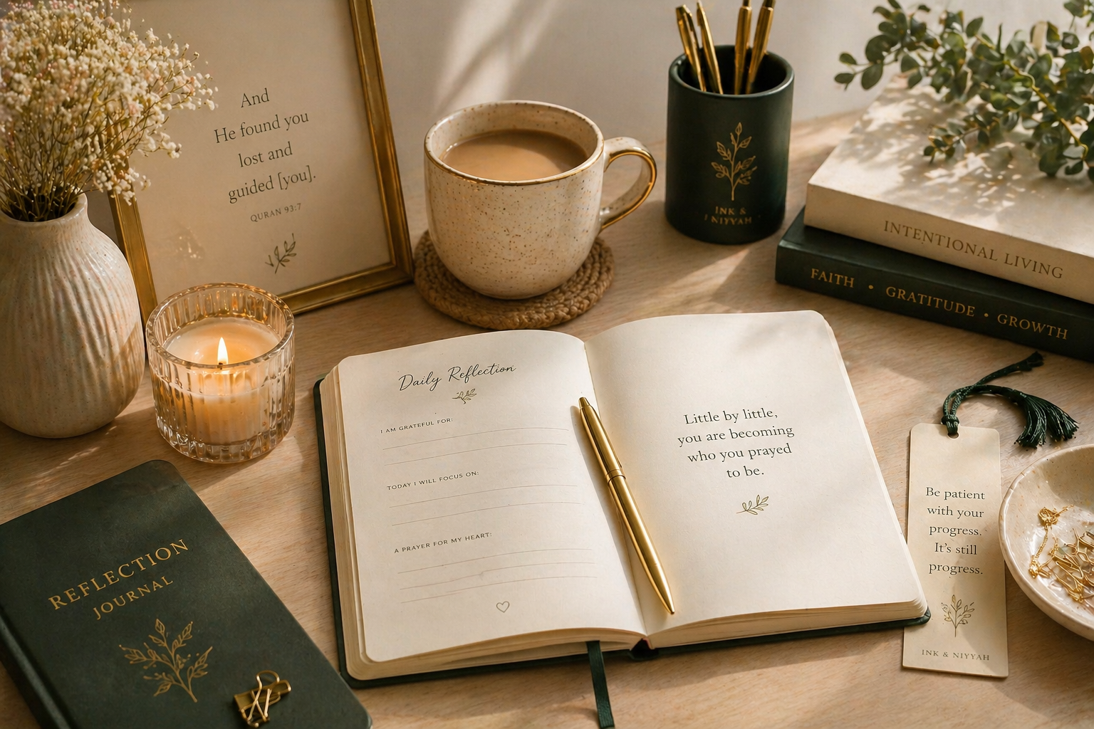 A desk with a candle, a cup of coffee, books, a reflection journal, a pen, a small reminder card, and a decorative dish with jewelry, all arranged in a warm and cozy aesthetic.