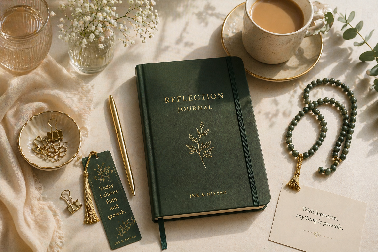 A flat lay arrangement including a green Reflection Journal with gold lettering, a gold pen, a mug of coffee on a saucer, two necklaces with dark beads and gold tassels, a small dish with gold paper clips, a glass of water, a small vase with white baby's breath flowers, a quote card that says 'With intention, anything is possible', and a tassel bookmark with a botanical design and the phrase 'Today I choose faith and growth'.