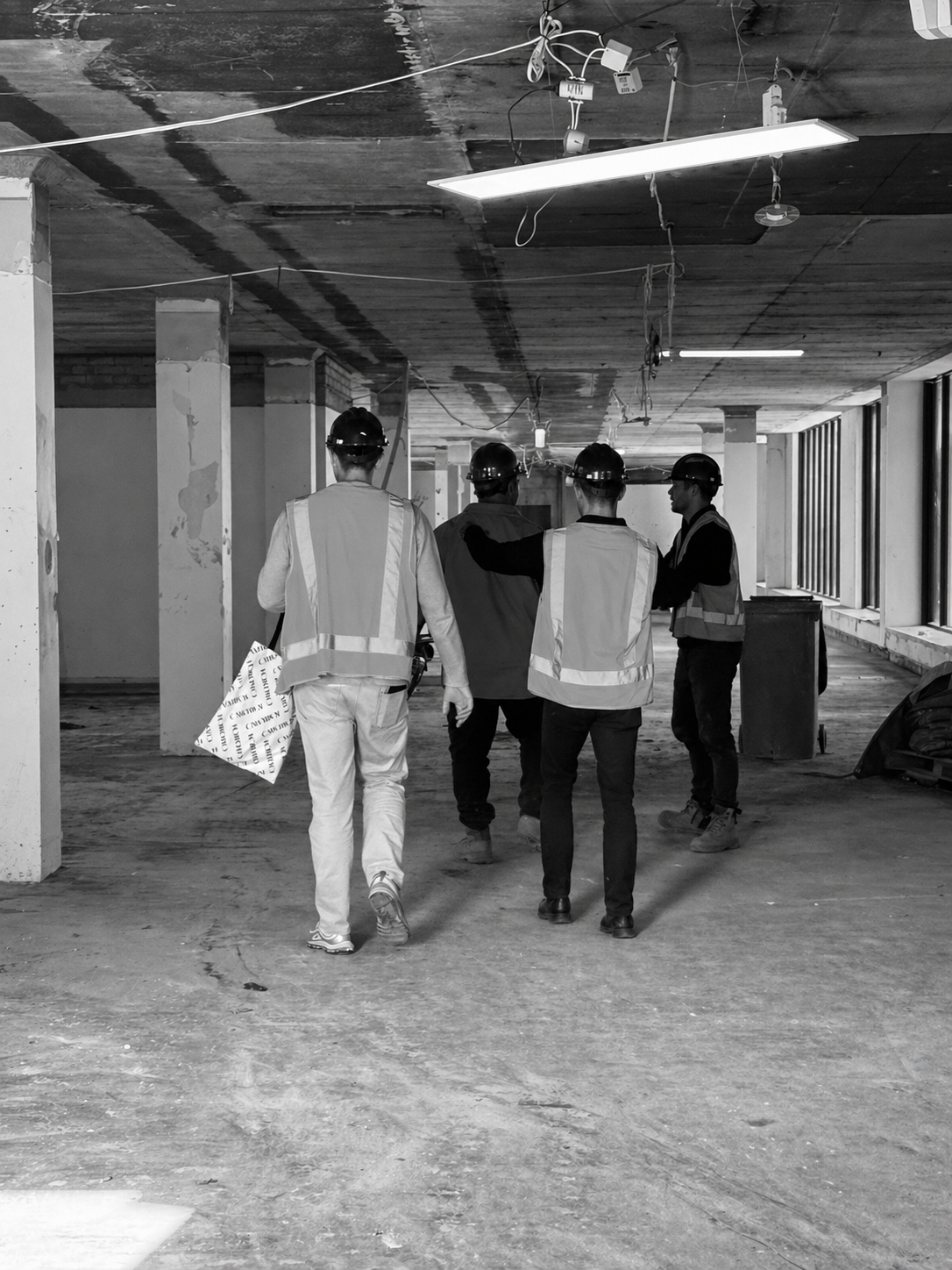 Four construction workers wearing safety vests and helmets walking inside an unfinished building with exposed ceiling and large windows.