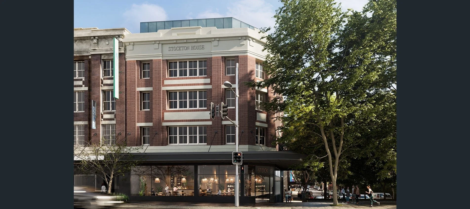 A brick building named 'Stockton House' with a restaurant or cafe at street level, surrounded by trees and city street activity.