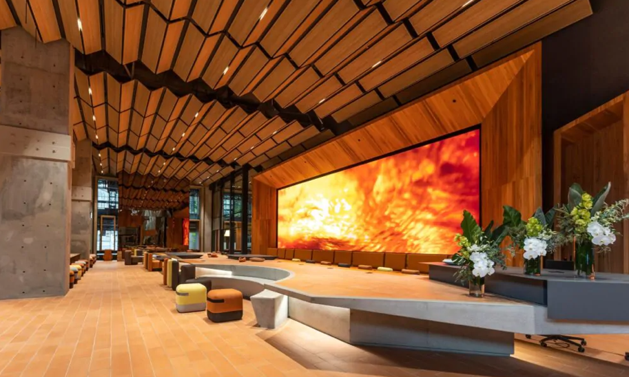 Modern interior space with a large digital screen displaying fiery imagery and a curved seating area with potted white and green flowers.