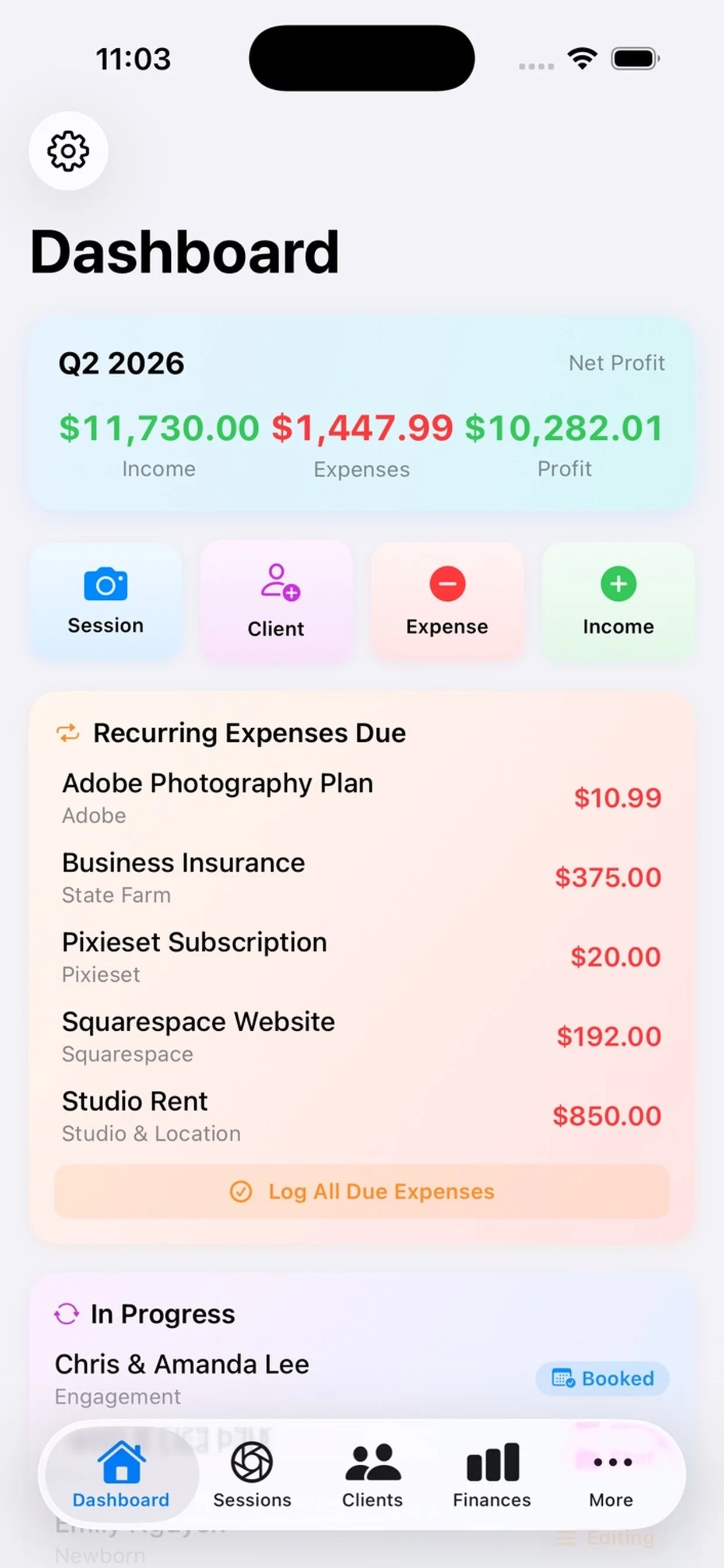 Mobile app dashboard showing financial summary for Q2 2026 with income of $11,730, expenses of $1,447.99, and profit of $10,282.01. Contains buttons for session, client, expense, and income management. Lists recurring expenses due, including Adobe Photography Plan, Business Insurance, Pixieset Subscription, Squarespace Website, and Studio Rent. Features navigation menu with icons for Dashboard, Sessions, Clients, Finances, and More.