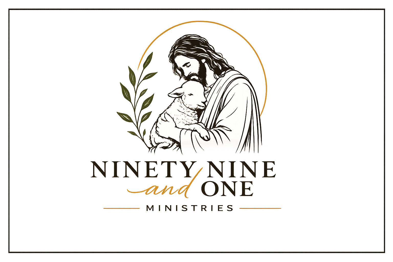 Illustration of Jesus Christ holding a lamb, with a halo behind his head, and the text 'NINETY NINE and ONE MINISTRIES' below, featuring green leaves.
