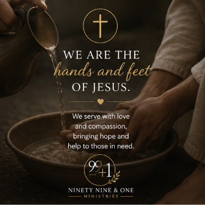 A religious poster with a cross symbol at the top, heart-shaped design, and a church community message about serving with love and compassion, associated with Ninety Nine and One Ministries.