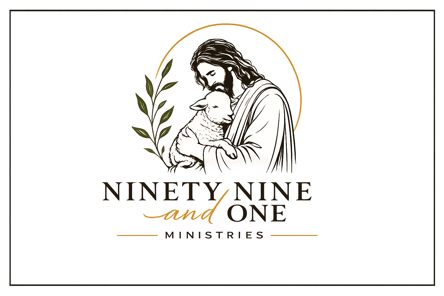 Logo for Ninety Nine and One Ministries featuring a line drawing of Jesus holding a lamb with a gold halo, next to a green plant, with the text 'Ninety Nine and One Ministries' in stylized fonts.