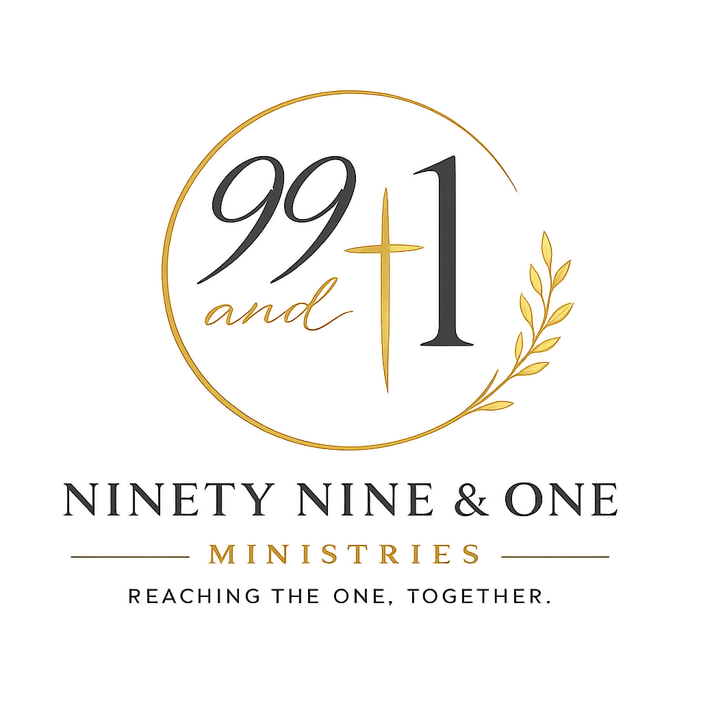 Logo for 99 and 1 Ministries with the tagline "Reaching the one, together." It features a black background with gold and white text, and a gold laurel branch.