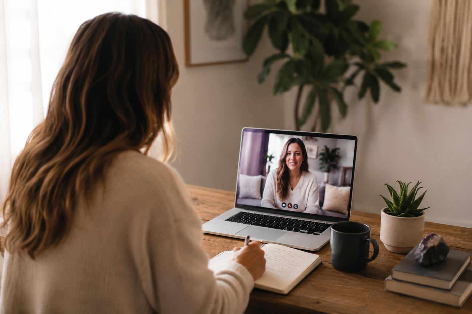 Woman participating in a video call on her laptop, sitting at a wooden desk with a notebook and pen, in a cozy room with indoor plants.