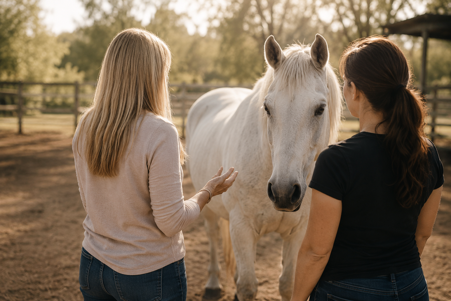Two women standing near a white horse in a fenced outdoor area, with trees and sunlight in the background.