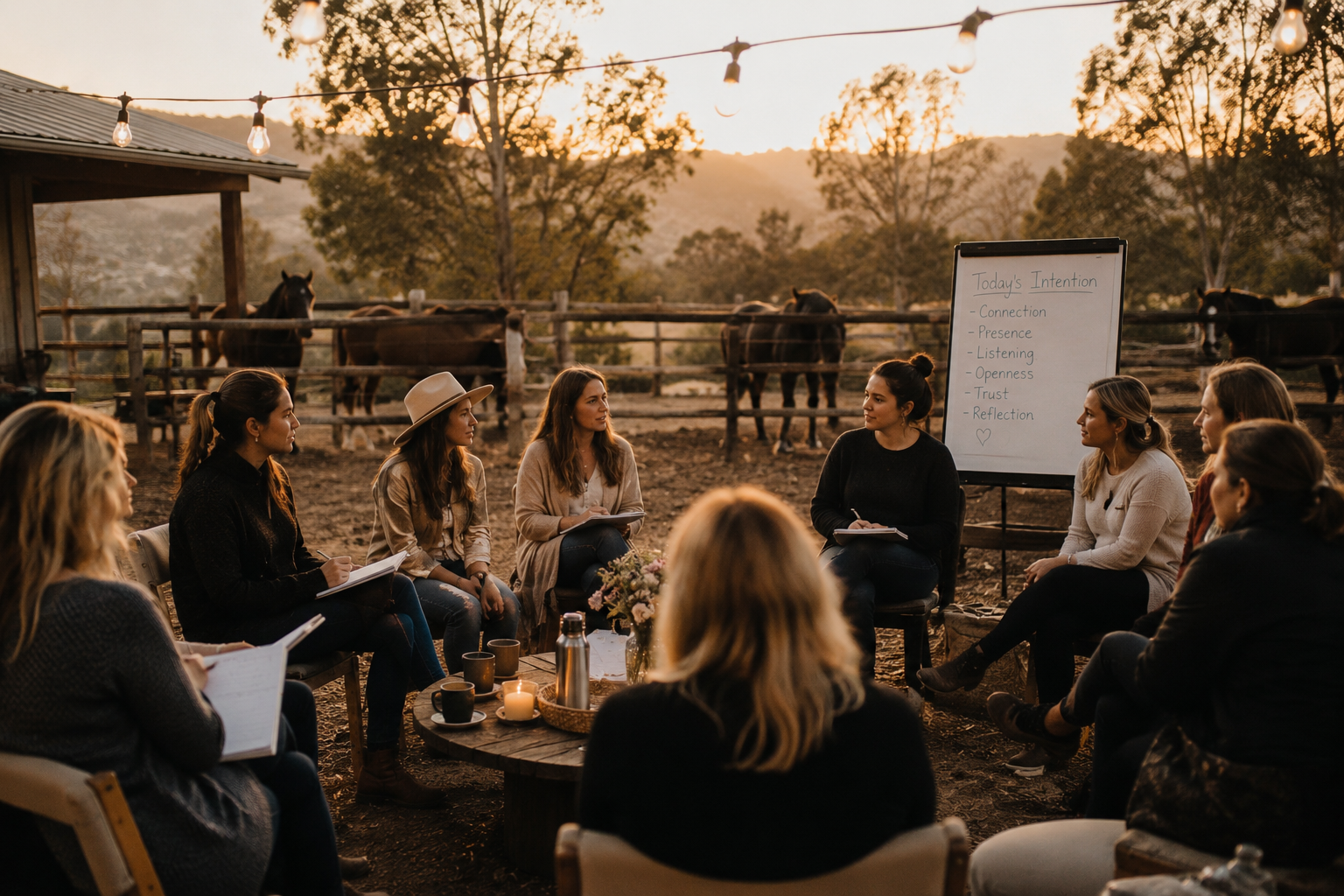 A group of women sitting in a circle outdoors during sunset, participating in a discussion or workshop, with horses and trees in the background and string lights overhead. There is a whiteboard with handwritten notes behind them.