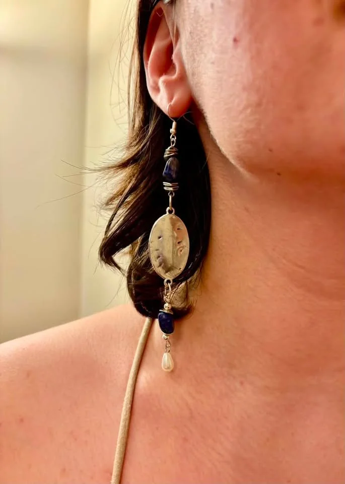 Lapis, Pearl & Hammered Silver Drops
