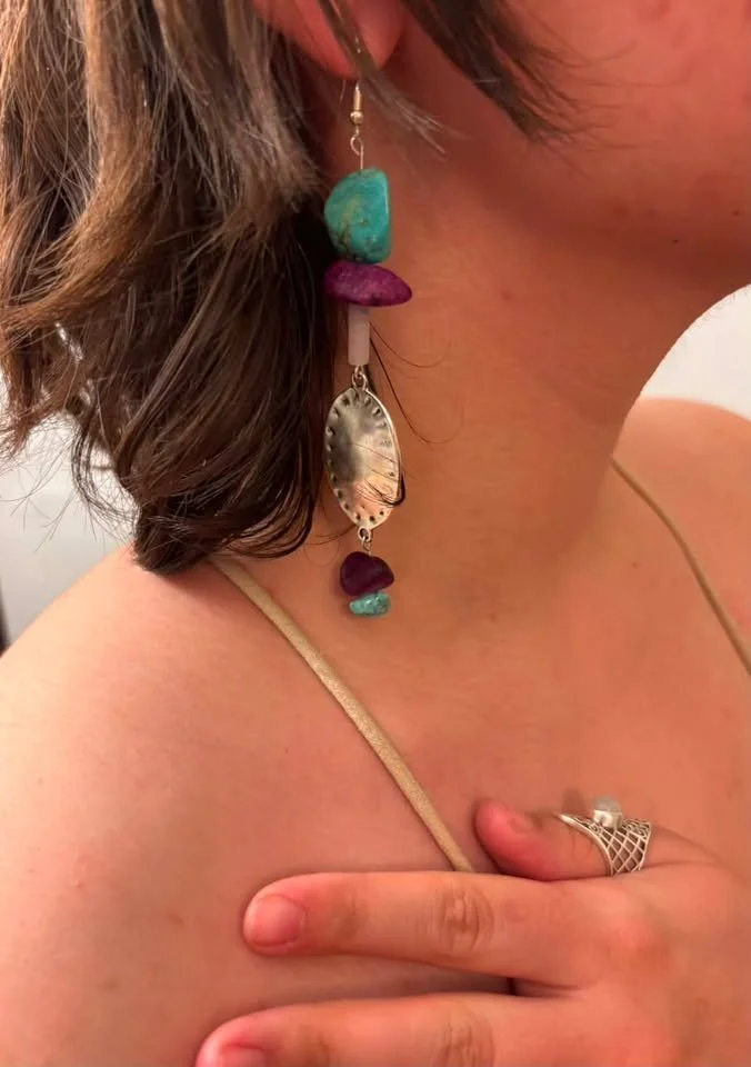 Purple Jasper, Turquoise Howlite & White Quartz Hammered Disk Drops