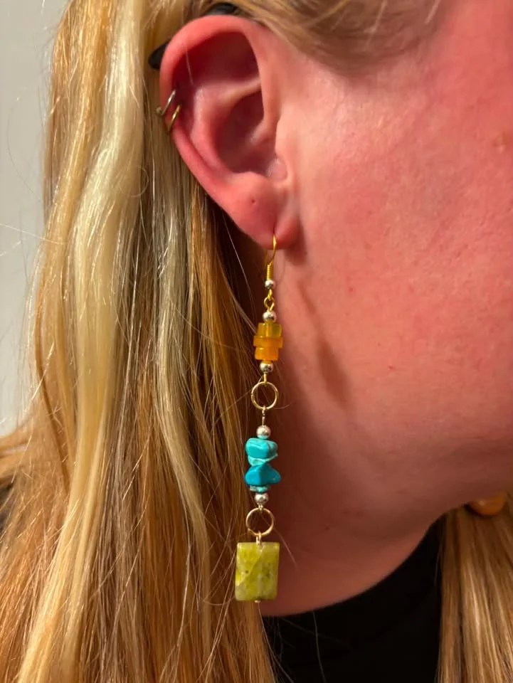 Amber Glass, Turquoise & Yellow Jade Dangles