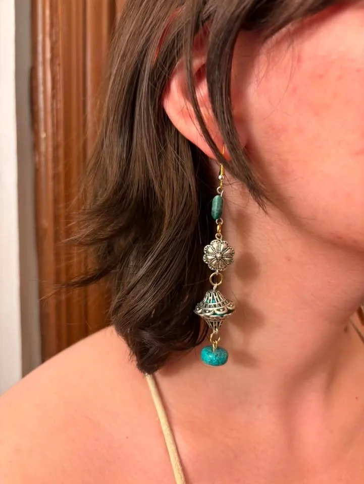 Turquoise & Green Jade, Silver Lantern Drops