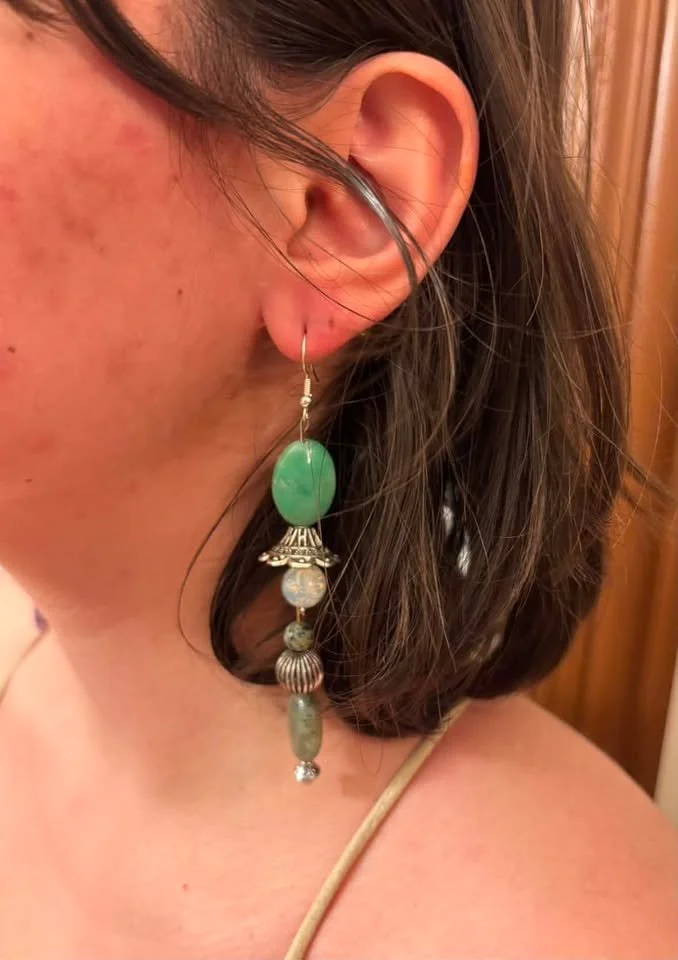 Green Jade & Crackle Quartz Silver Hat Drops