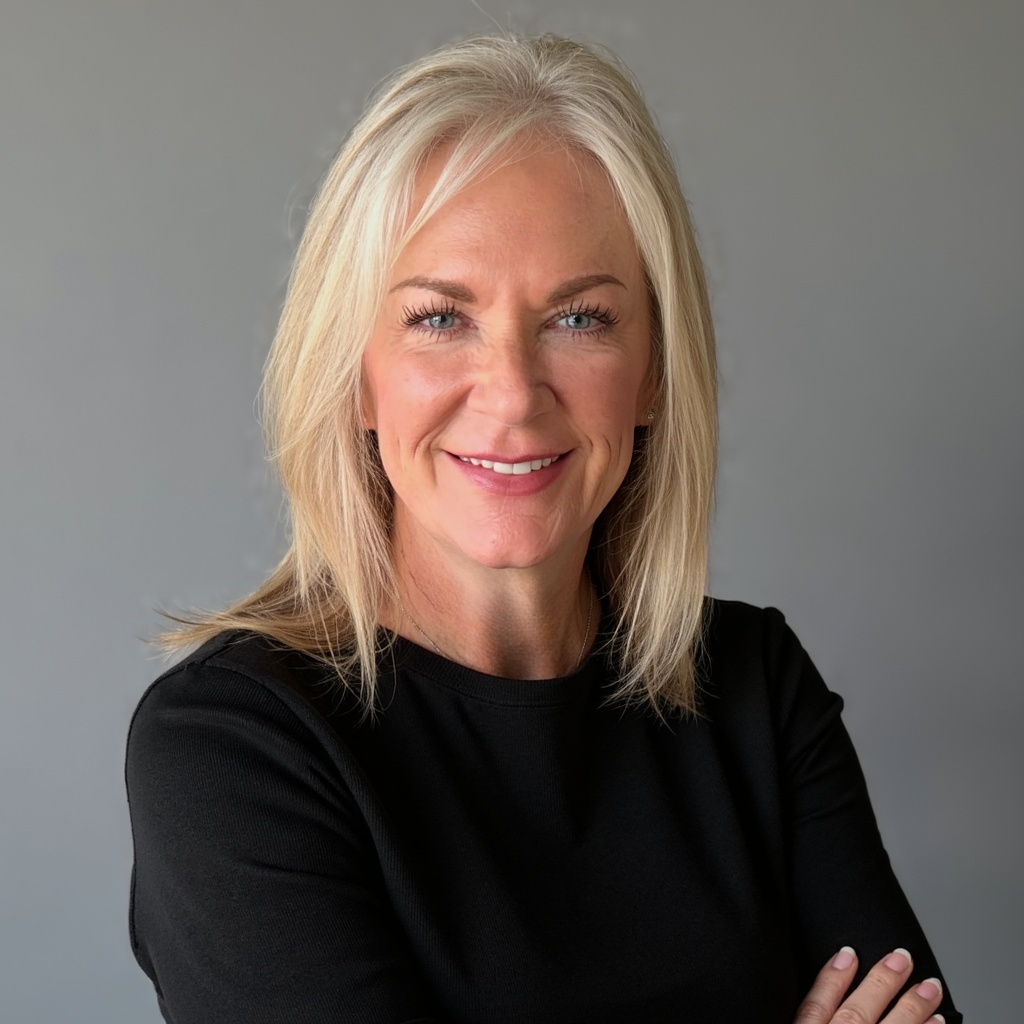 Paula Severns, wearing a black top with medium-length blonde hair and a warm smile.