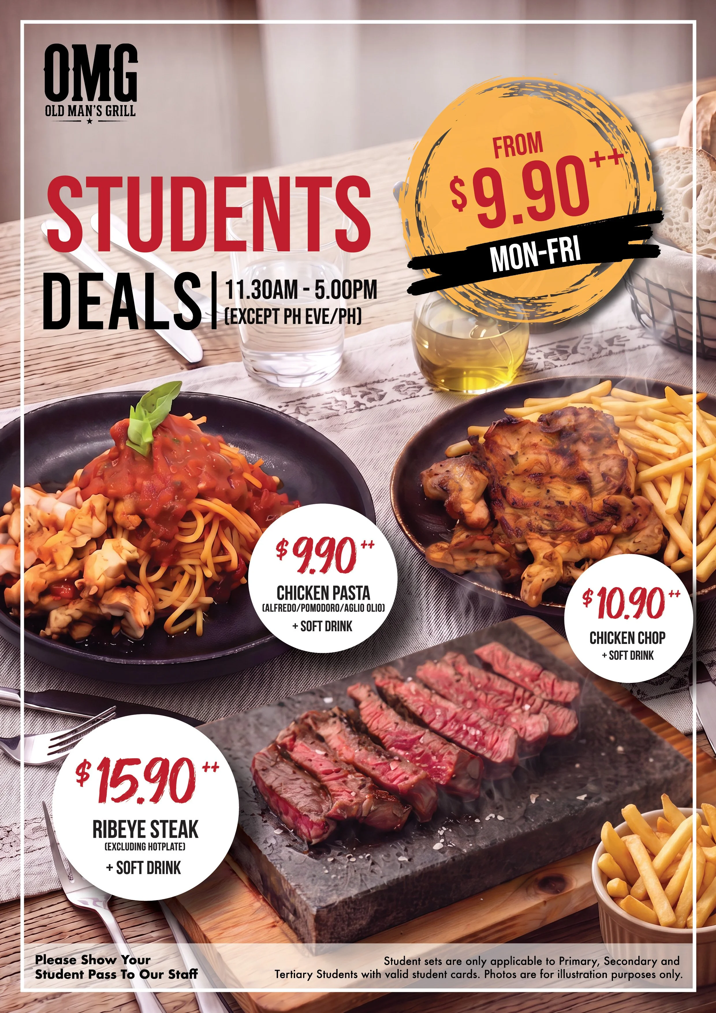 Advertisement for Old Man's Grill featuring special student deals on meals, including chicken pasta, chicken chop, and ribeye steak, with prices starting at $9.90. The ad shows plates of food, a glass of drink, and a basket of bread, with promotional hours from 11:30 AM to 5:00 PM, Monday to Friday.