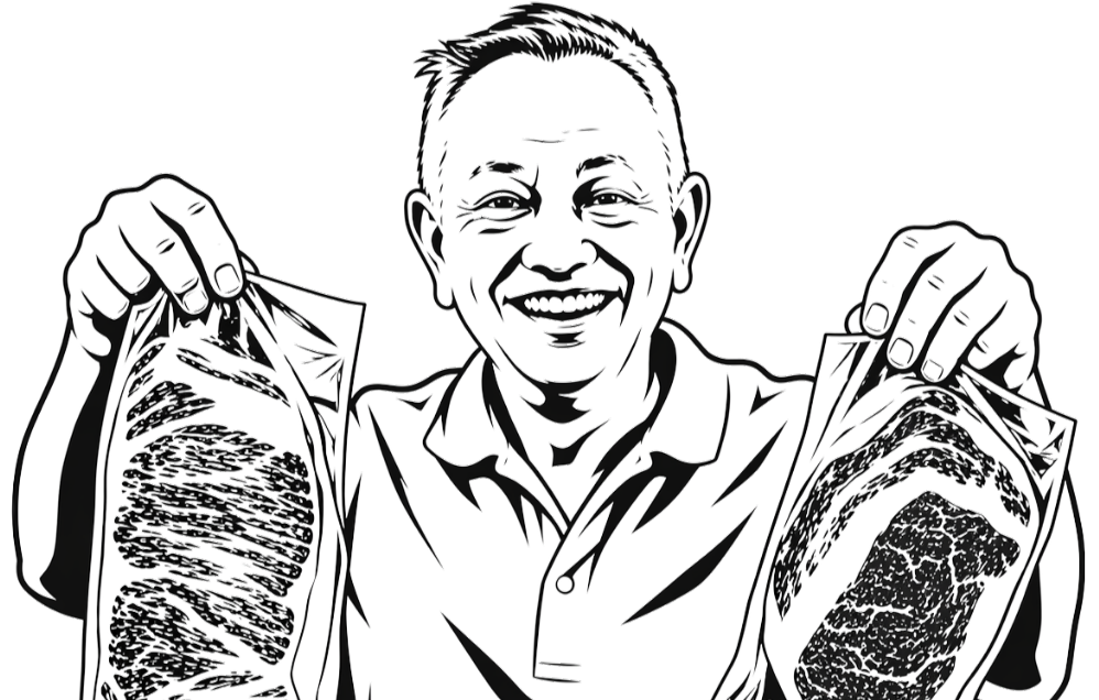 An illustration of a smiling man holding two bags of meats, one in each hand.