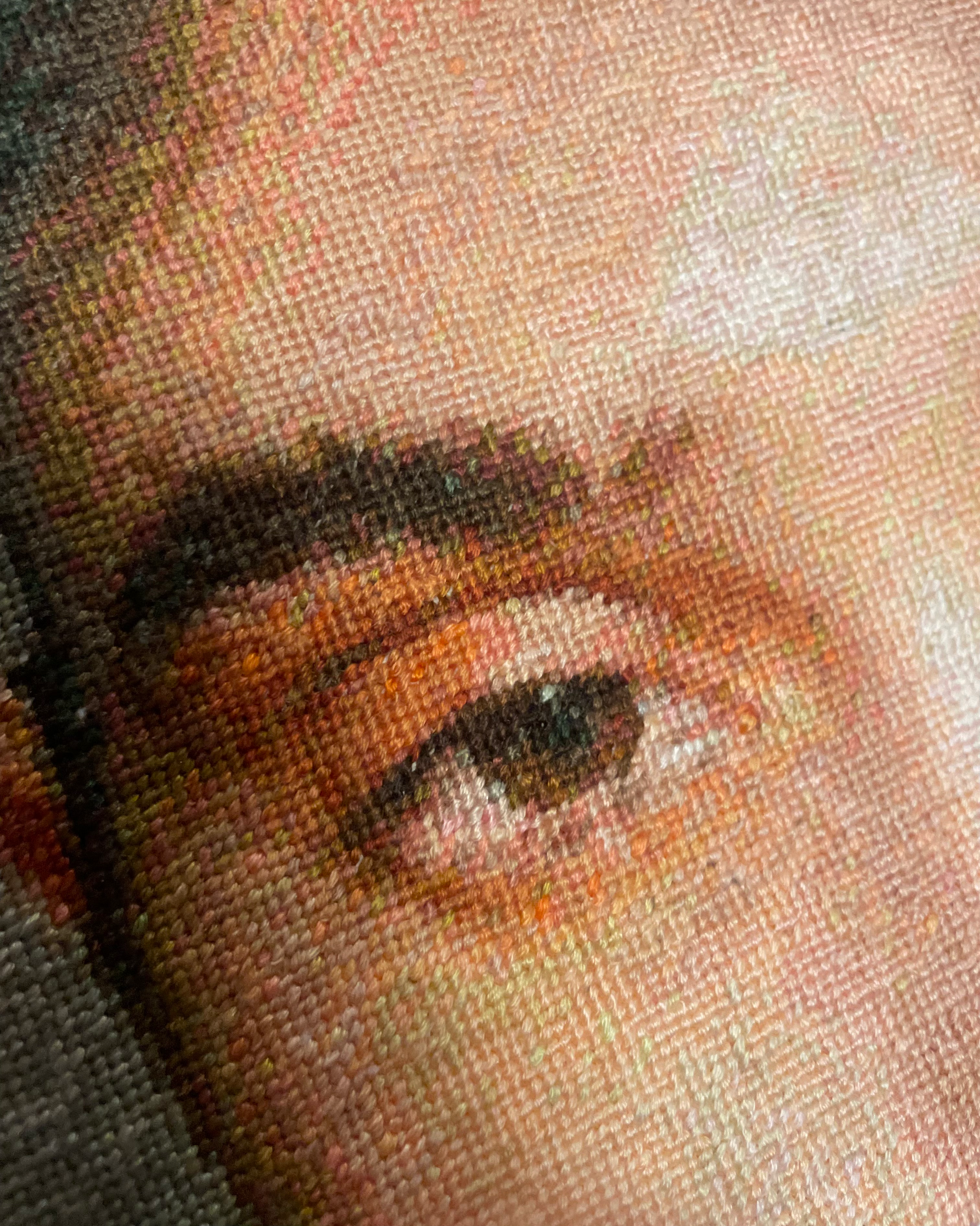 detailed image of needlepoint hand-stitched portrait, close up of eye