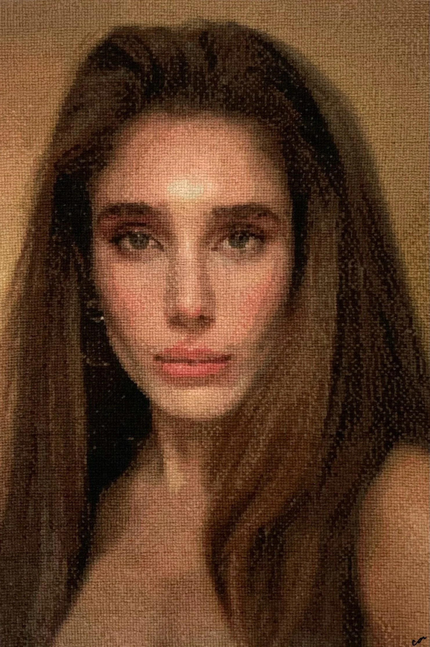 hand-sewn cross-stitch self portrait