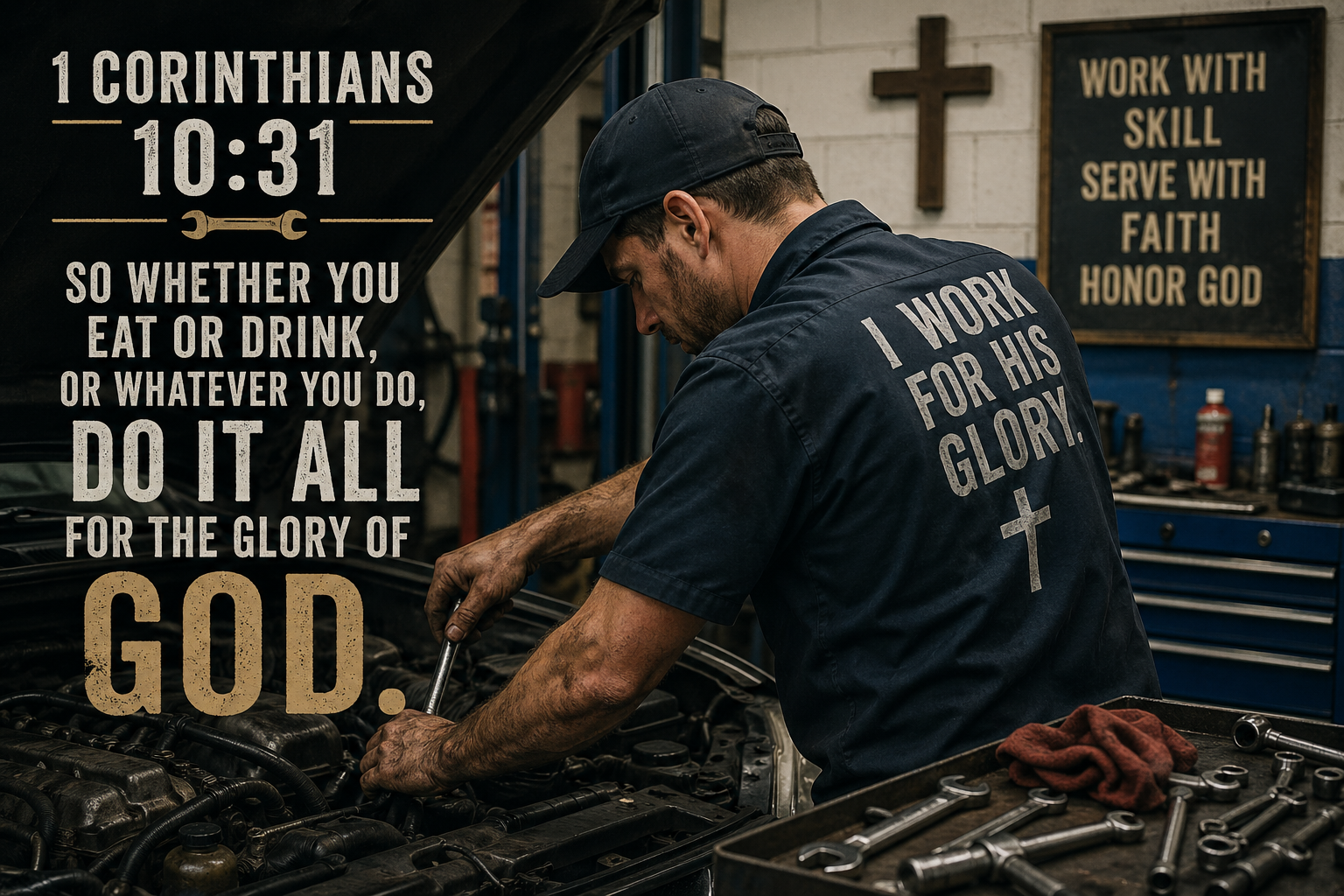 A man working on a car engine in a workshop, wearing a navy blue shirt and cap. The shirt has the text 'I work for His glory' and a cross. A religious verse and message are displayed on the left side of the image, reading '1 Corinthians 10:31. So whether you eat or drink, or whatever you do, do it all for the glory of God.' In the background, there is a cross on the wall and a motivational sign that reads 'Work with skill, serve with faith, honor God.'
